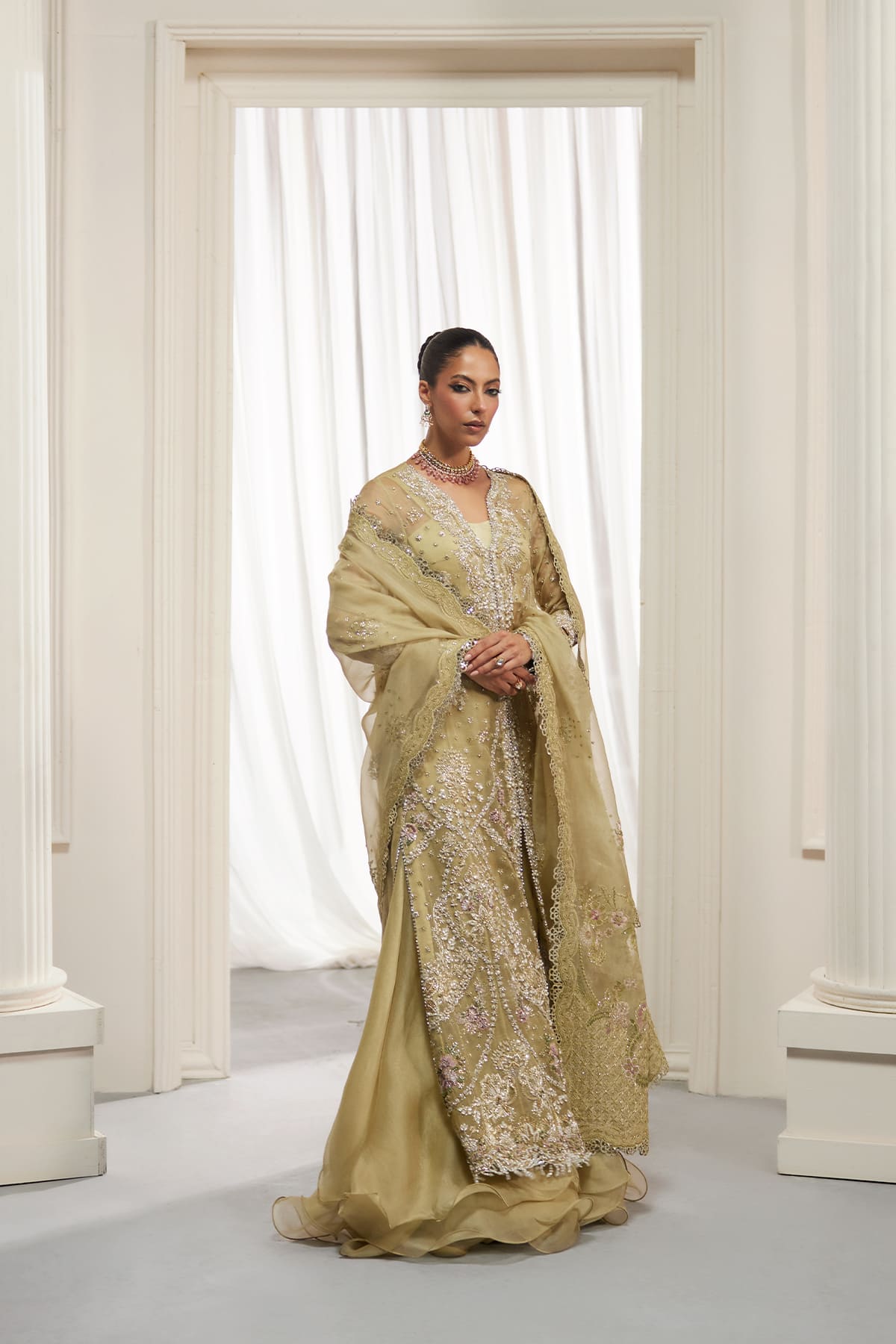 Saad Bin Shahzad Asmira – olive green zardozi organza long shirt with sharara from Lolita'25 – view 9