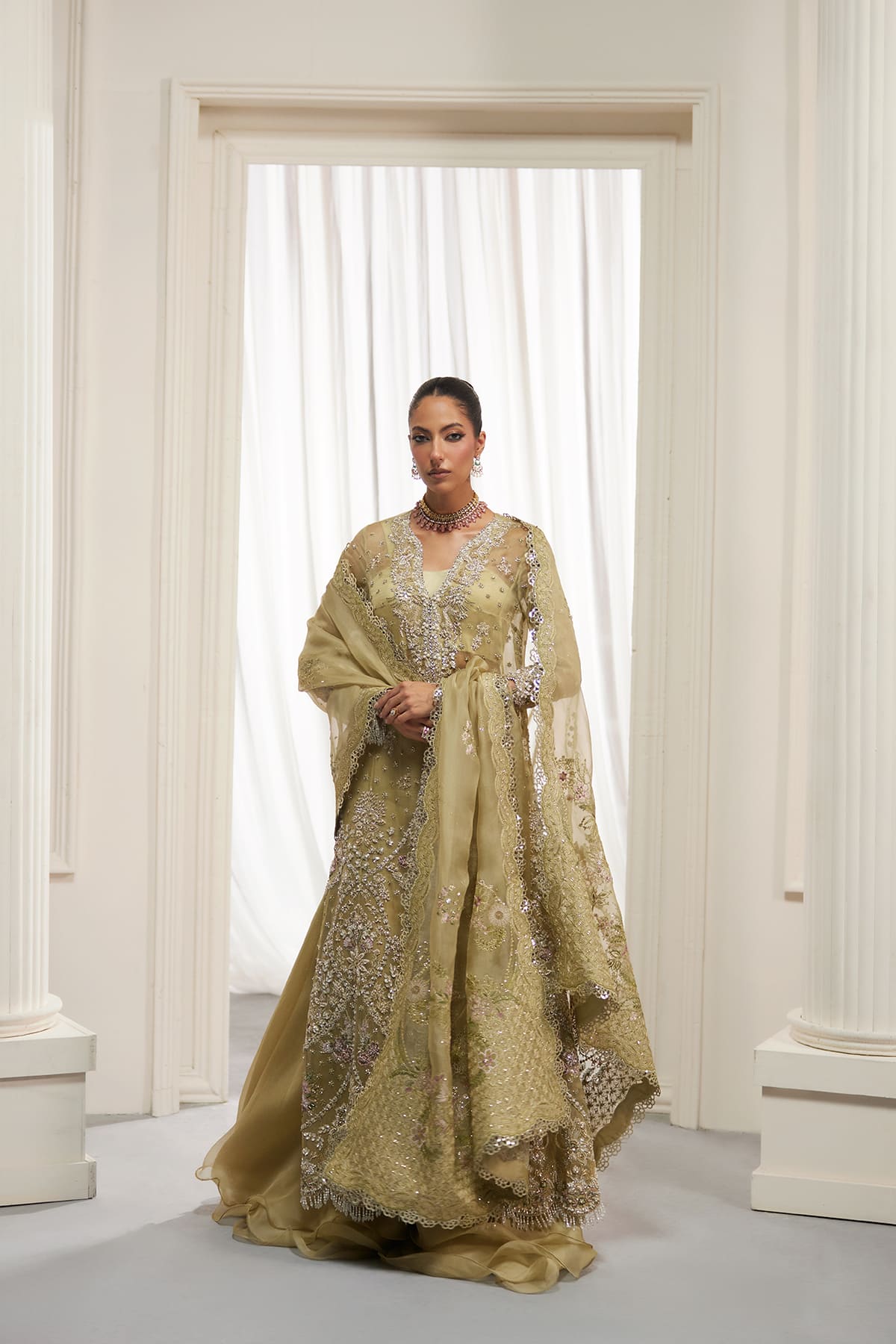 Saad Bin Shahzad Asmira – olive green zardozi organza long shirt with sharara from Lolita'25 – view 10