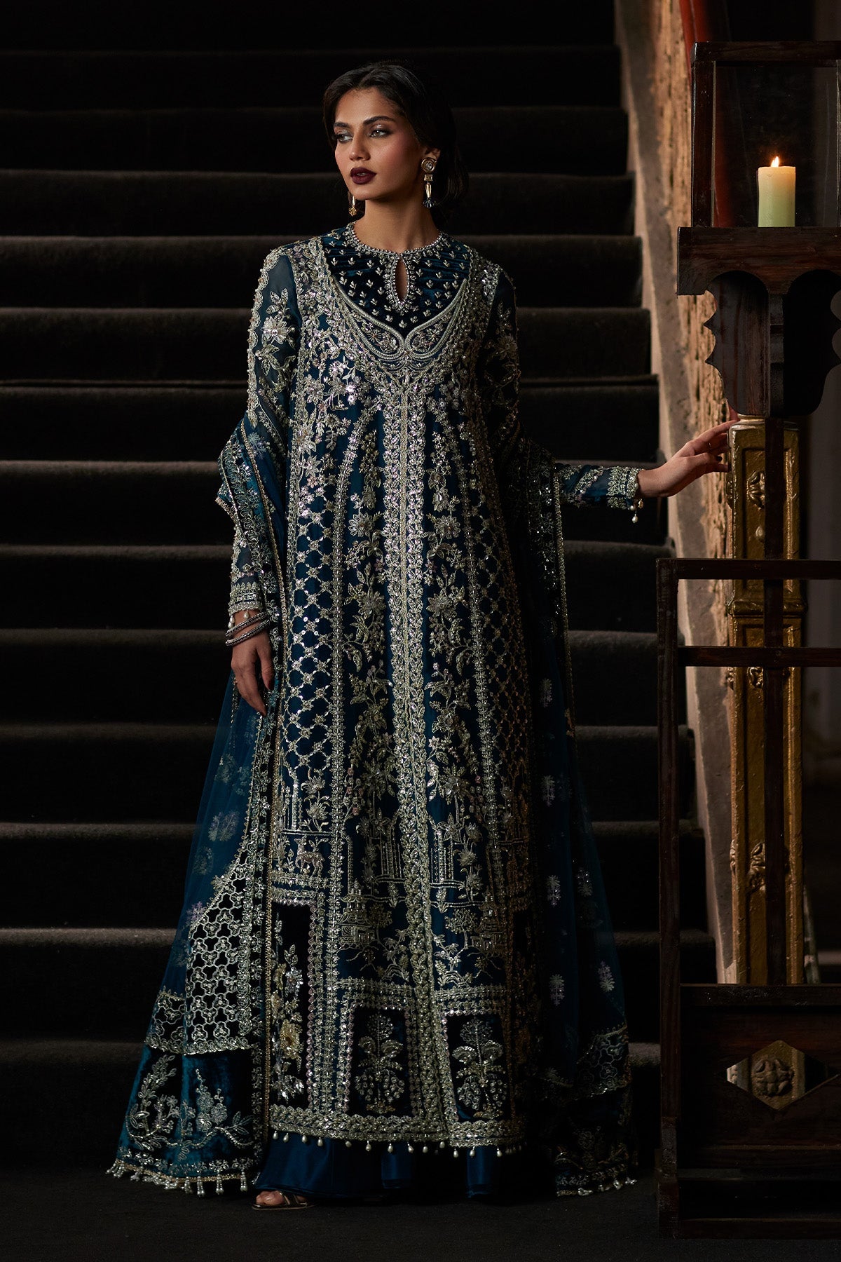 Saad Bin Shahzad Alira – deep teal embroidered gown with velvet borders and sharara from El Veneto Luxury Formals – view 4