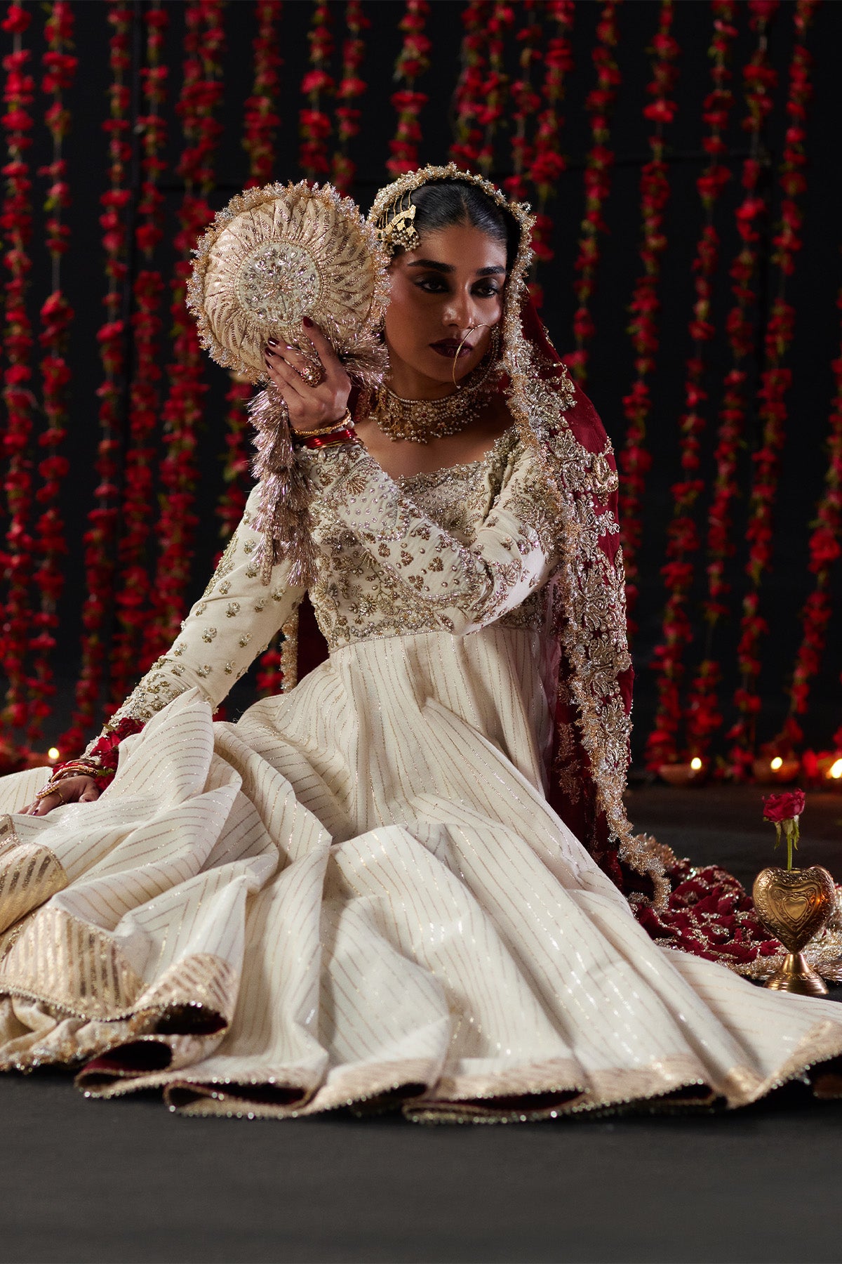 Saad Bin Shahzad Ayda – off-white gold taar bridal pishwas with crimson dupatta from Chandni Bridal'26 – view 9