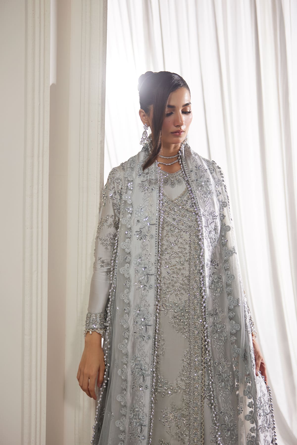 Saad Bin Shahzad Della – silver-grey crystal-embellished sheesha silk angrakha with sharara from Lolita'25 – view 8