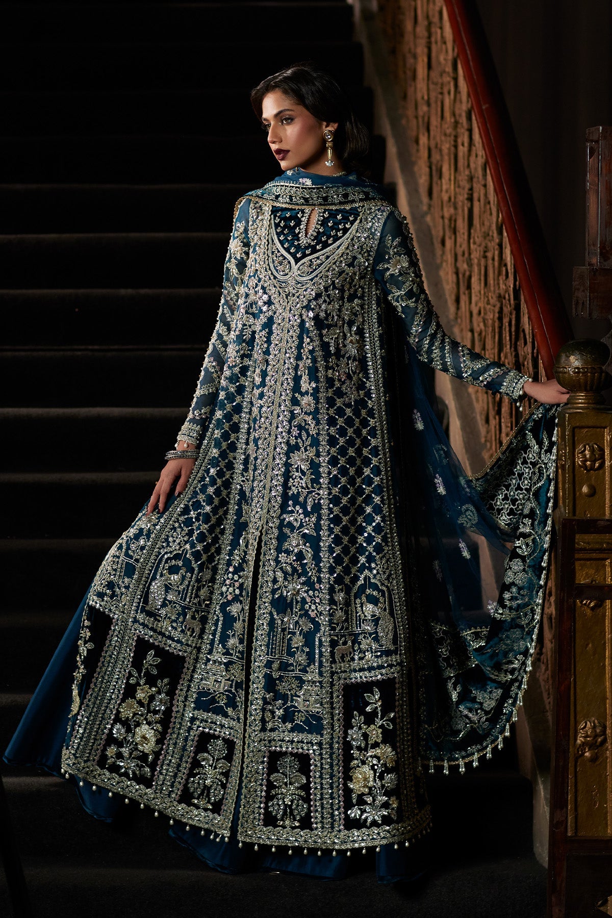 Saad Bin Shahzad Alira – deep teal embroidered gown with velvet borders and sharara from El Veneto Luxury Formals – view 10