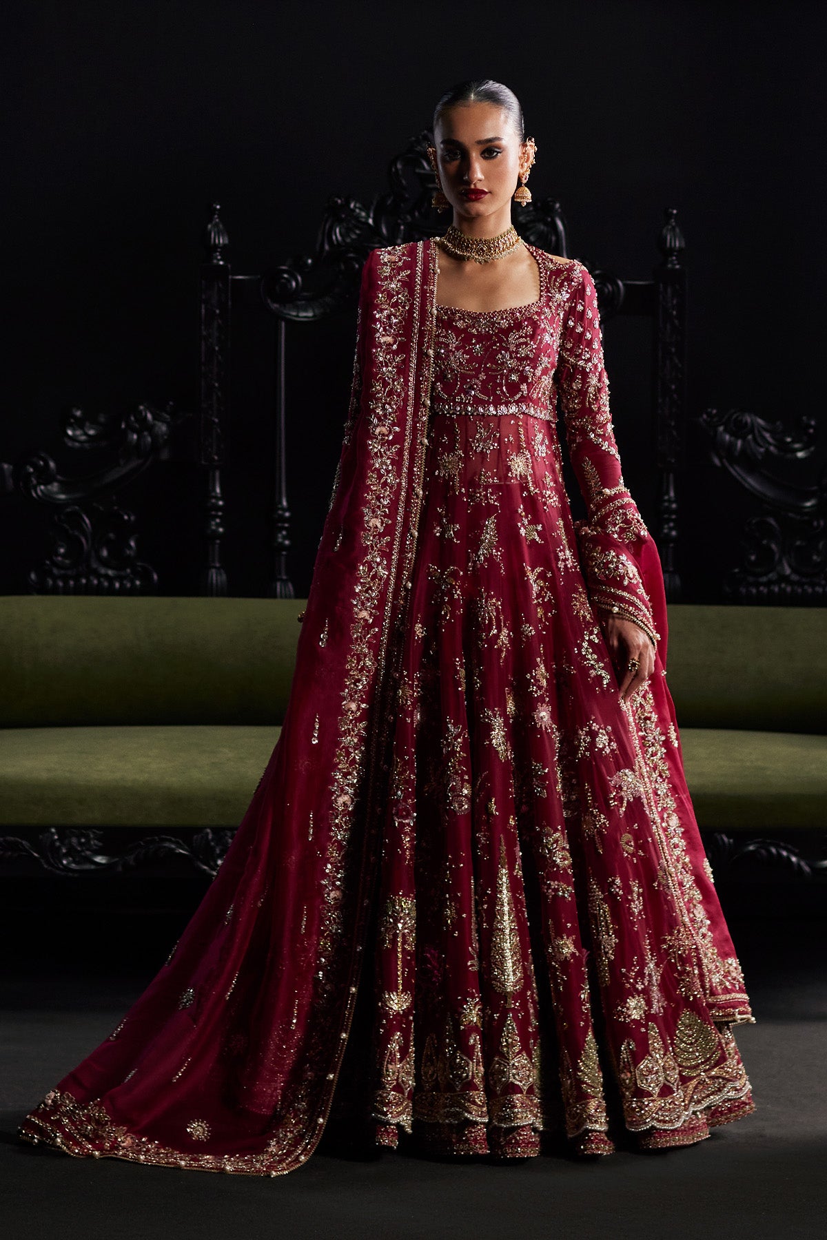 Saad Bin Shahzad Safa – cherry red zardozi bridal pishwas from Chandni Bridal'26