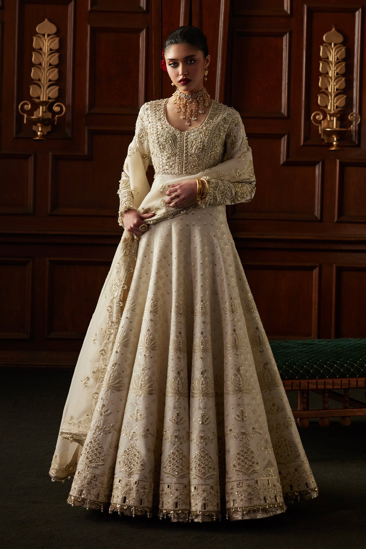 Saad Bin Shahzad Ovia – off-white resham-embroidered raw silk pishwas with lehenga from El Veneto Luxury Formals – view 6