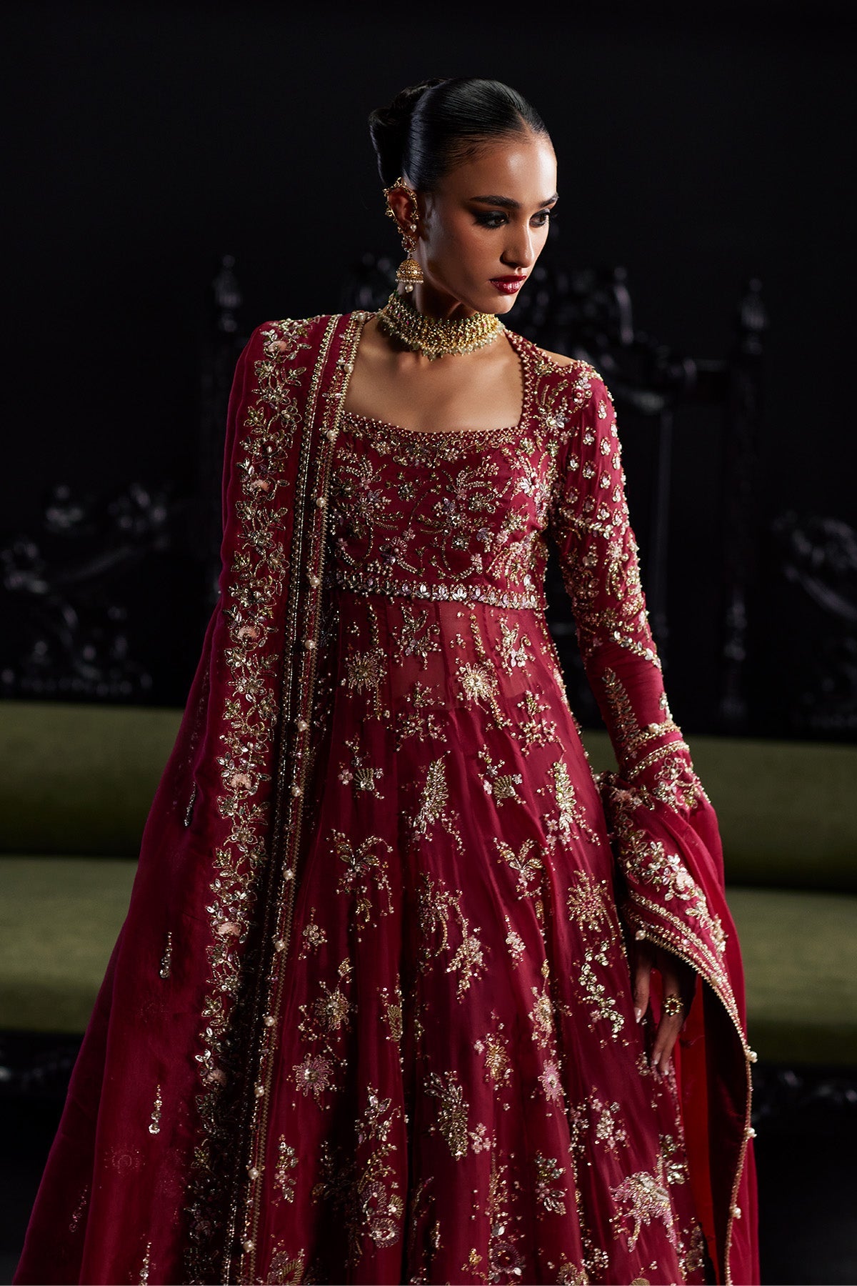 Saad Bin Shahzad Safa – cherry red zardozi bridal pishwas from Chandni Bridal'26 – view 8