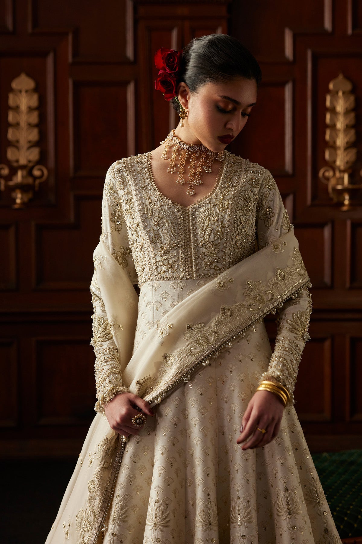 Saad Bin Shahzad Ovia – off-white resham-embroidered raw silk pishwas with lehenga from El Veneto Luxury Formals – view 8