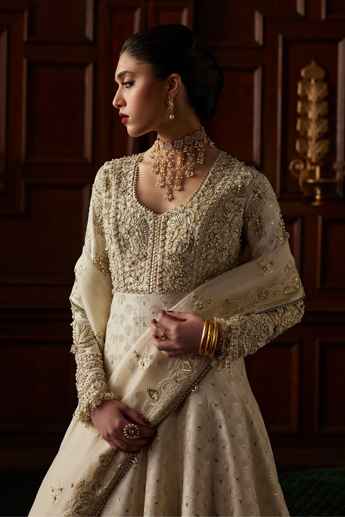 Saad Bin Shahzad Ovia – off-white resham-embroidered raw silk pishwas with lehenga from El Veneto Luxury Formals – view 3