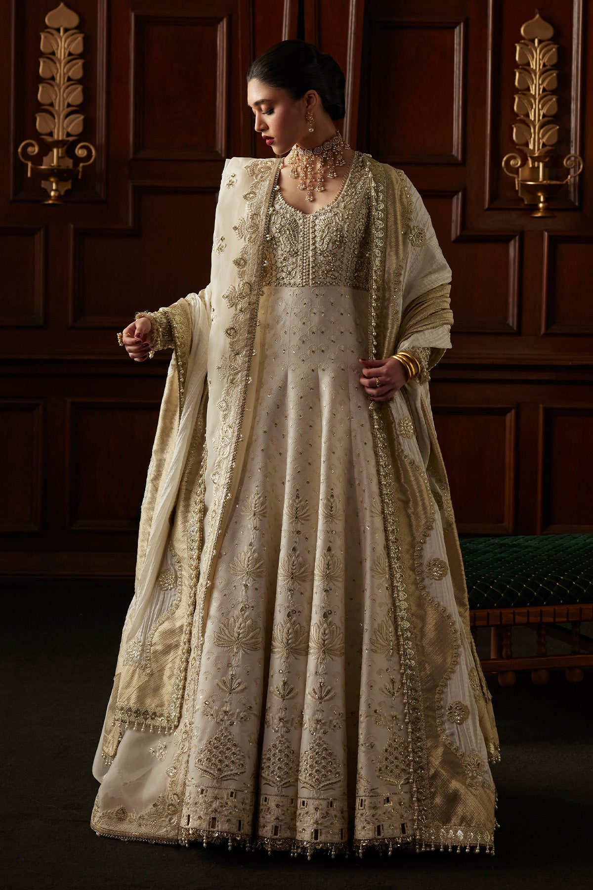 Saad Bin Shahzad Ovia – off-white resham-embroidered raw silk pishwas with lehenga from El Veneto Luxury Formals – view 10