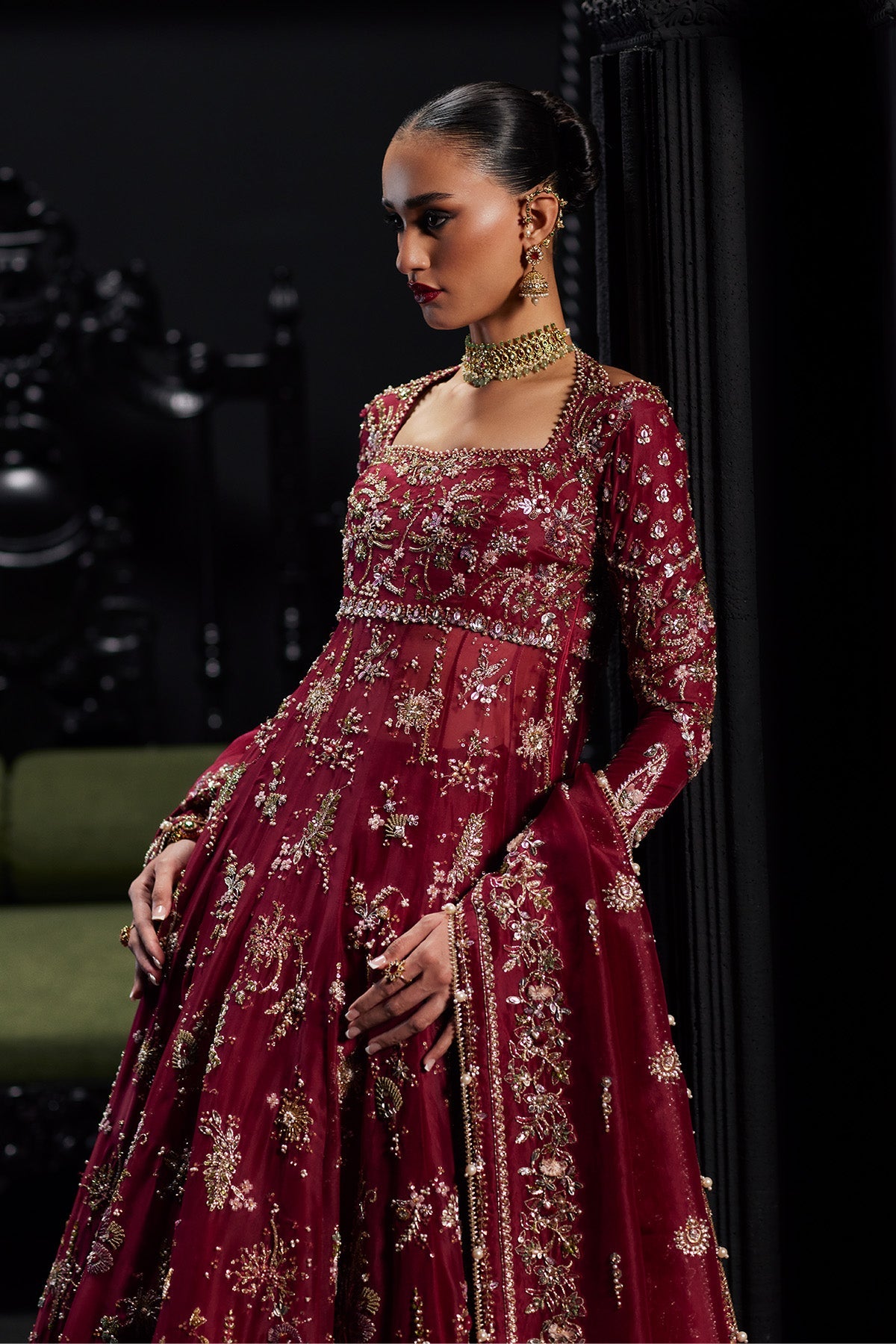Saad Bin Shahzad Safa – cherry red zardozi bridal pishwas from Chandni Bridal'26 – view 4