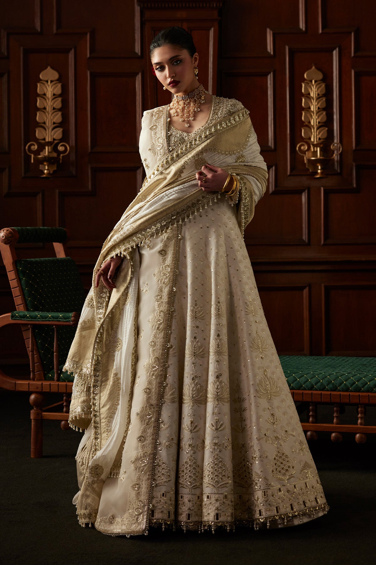 Saad Bin Shahzad Ovia – off-white resham-embroidered raw silk pishwas with lehenga from El Veneto Luxury Formals – view 9