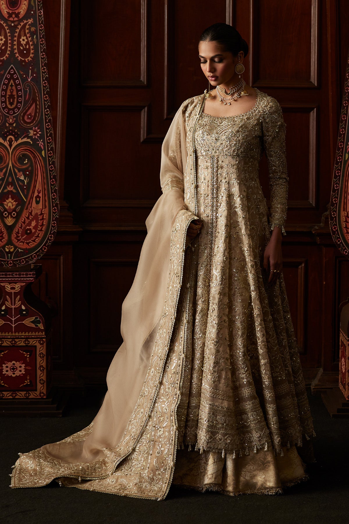 Saad Bin Shahzad Sira – champagne hand-embellished chanderi tissue pishwas with sharara from El Veneto Luxury Formal – view 8