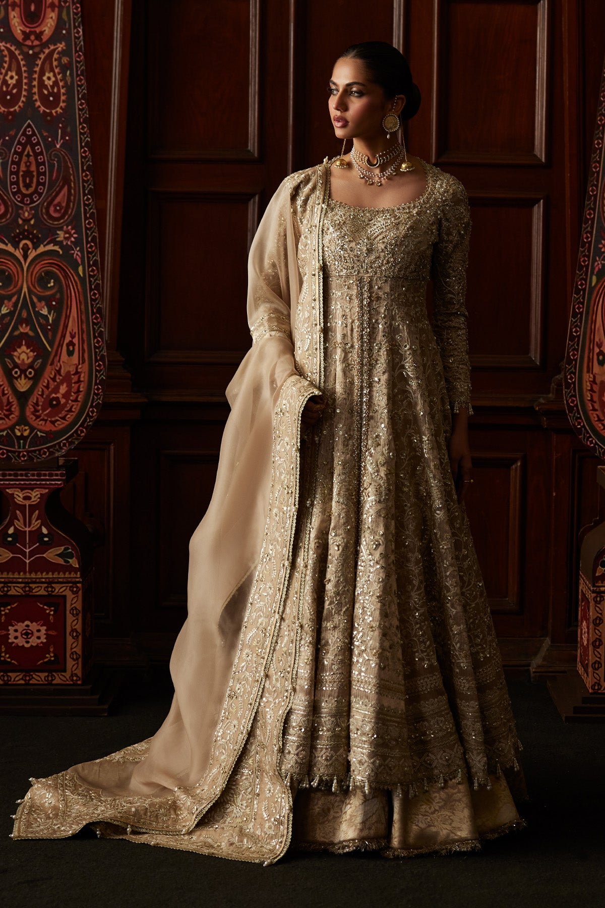 Saad Bin Shahzad Sira – champagne hand-embellished chanderi tissue pishwas with sharara from El Veneto Luxury Formals