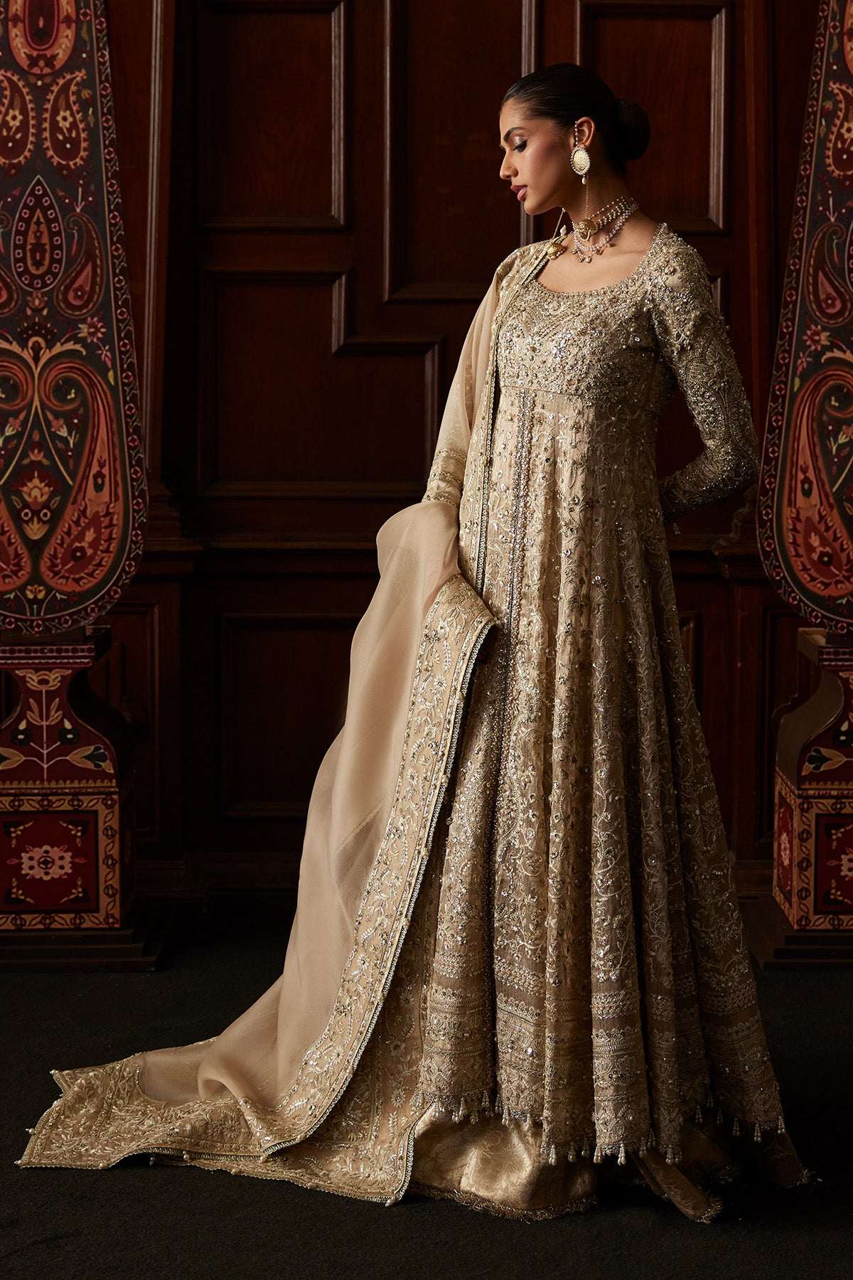Saad Bin Shahzad Sira – champagne hand-embellished chanderi tissue pishwas with sharara from El Veneto Luxury Forma – view 10