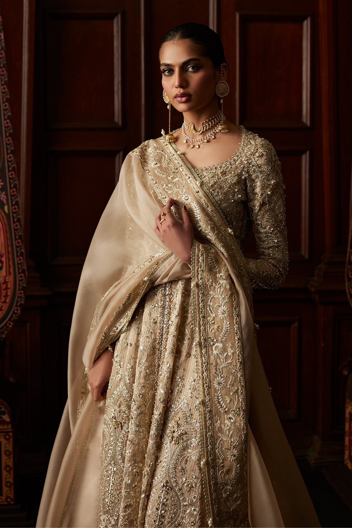 Saad Bin Shahzad Sira – champagne hand-embellished chanderi tissue pishwas with sharara from El Veneto Luxury Formal – view 3