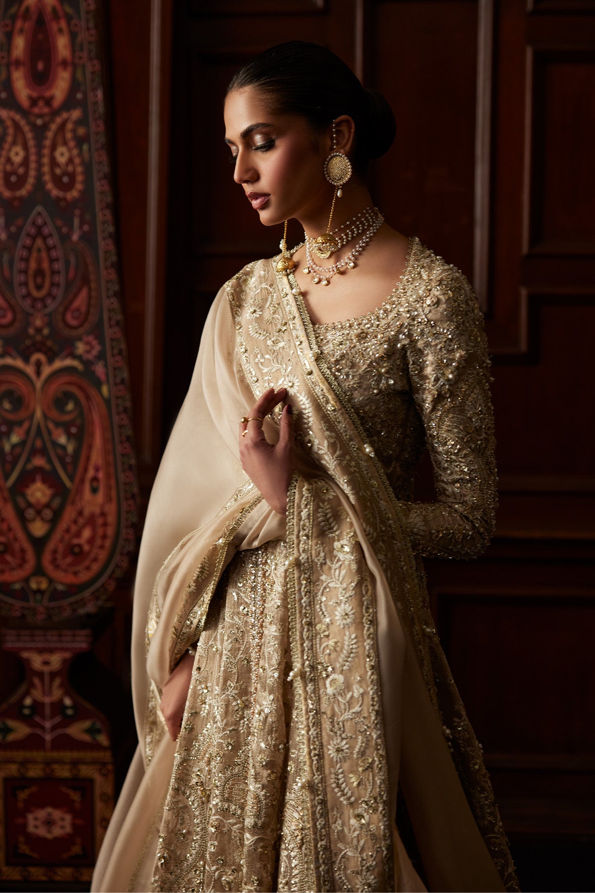 Saad Bin Shahzad Sira – champagne hand-embellished chanderi tissue pishwas with sharara from El Veneto Luxury Formal – view 7