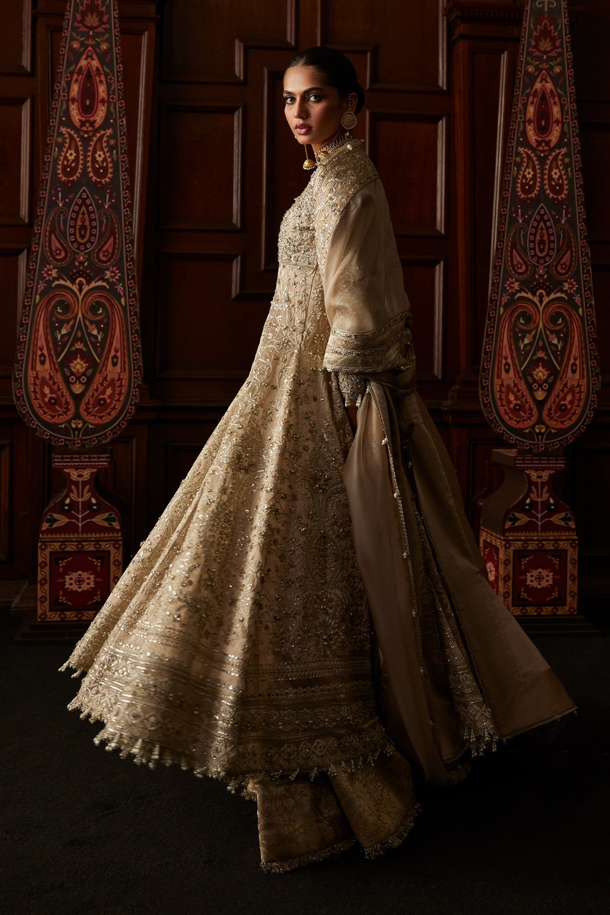 Saad Bin Shahzad Sira – champagne hand-embellished chanderi tissue pishwas with sharara from El Veneto Luxury Formal – view 2
