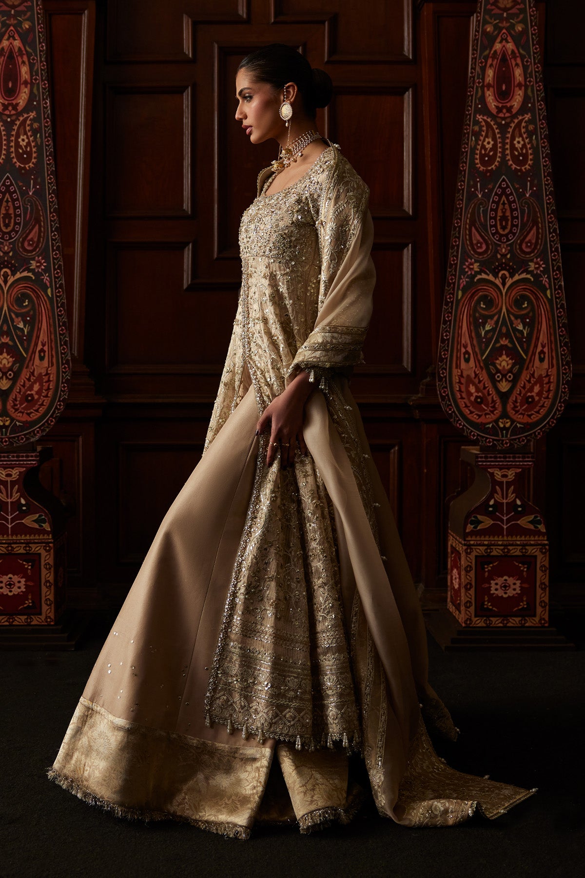 Saad Bin Shahzad Sira – champagne hand-embellished chanderi tissue pishwas with sharara from El Veneto Luxury Formal – view 5