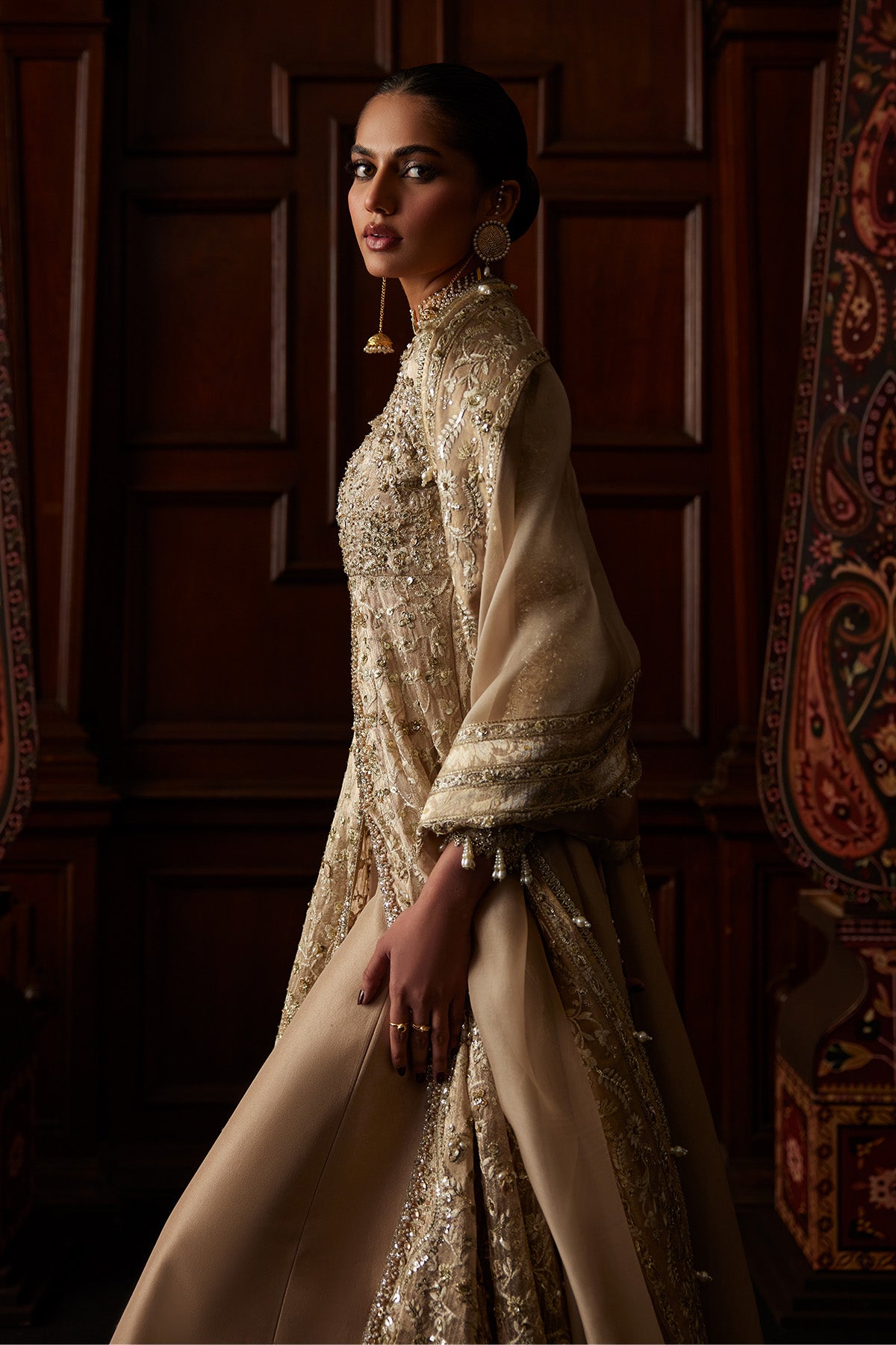 Saad Bin Shahzad Sira – champagne hand-embellished chanderi tissue pishwas with sharara from El Veneto Luxury Formal – view 6