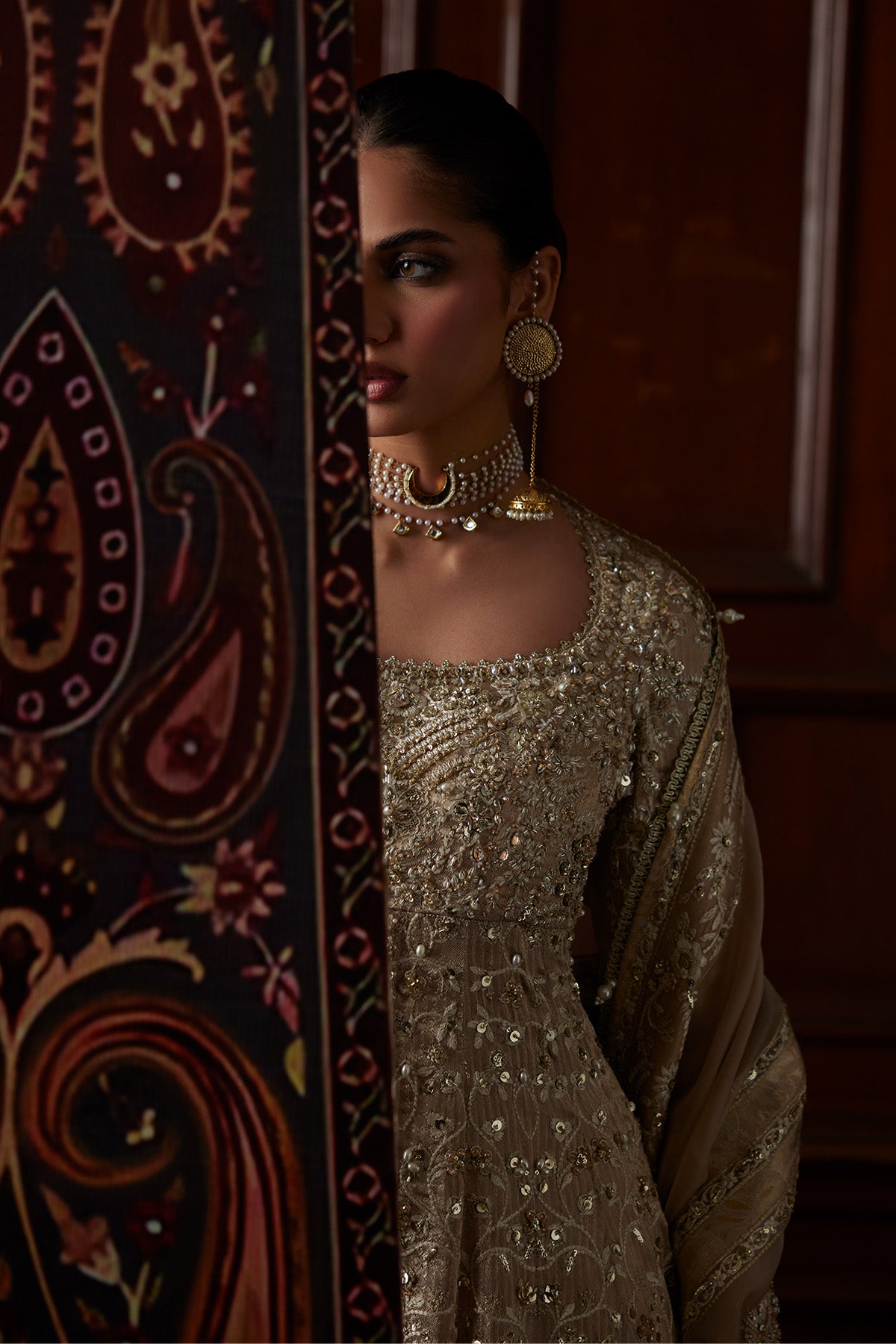 Saad Bin Shahzad Sira – champagne hand-embellished chanderi tissue pishwas with sharara from El Veneto Luxury Formal – view 9