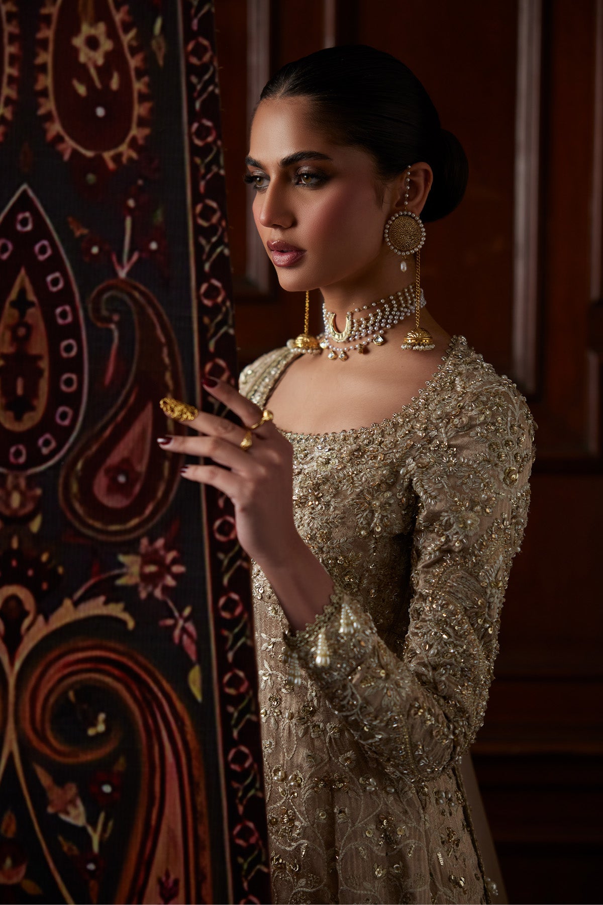 Saad Bin Shahzad Sira – champagne hand-embellished chanderi tissue pishwas with sharara from El Veneto Luxury Formal – view 4