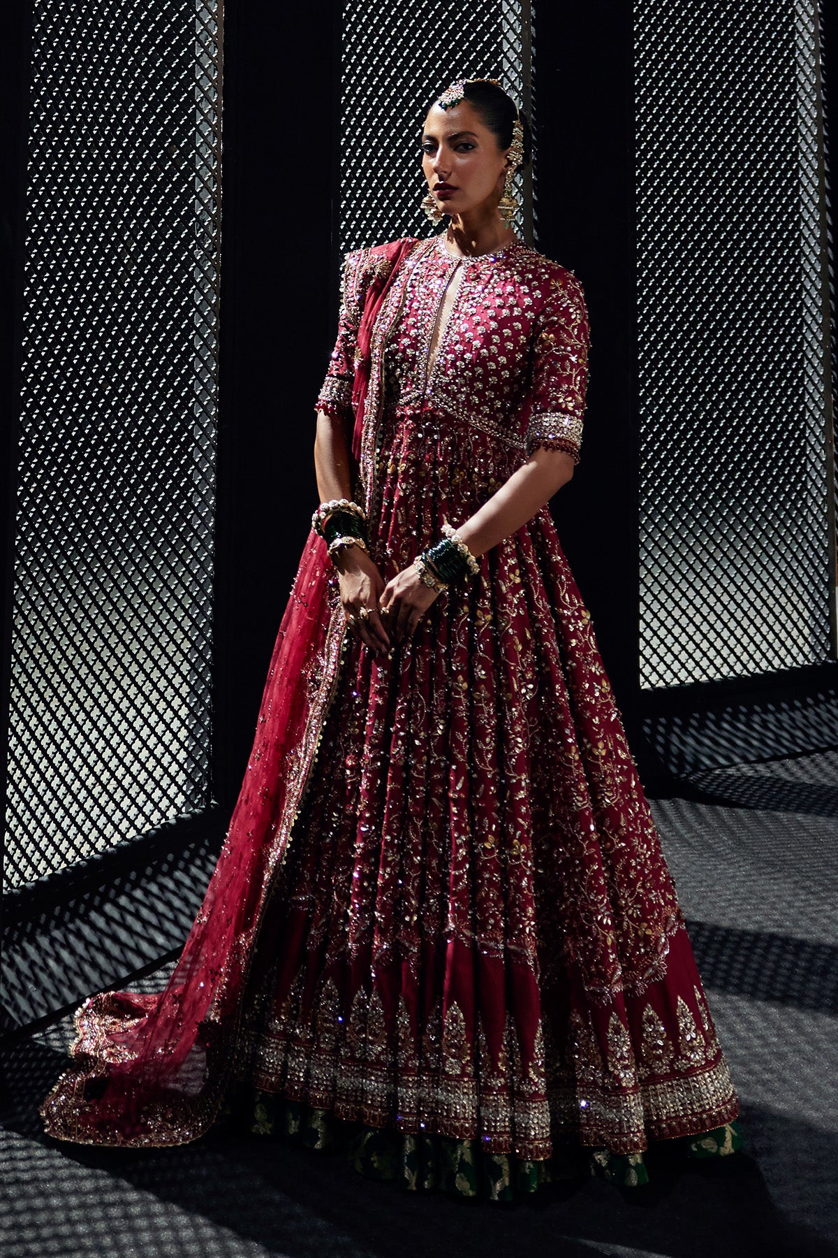 Saad Bin Shahzad Lamia – crimson embroidered pishwas with bottle green jamawar lehenga from Chandni Bridal'26 – view 6