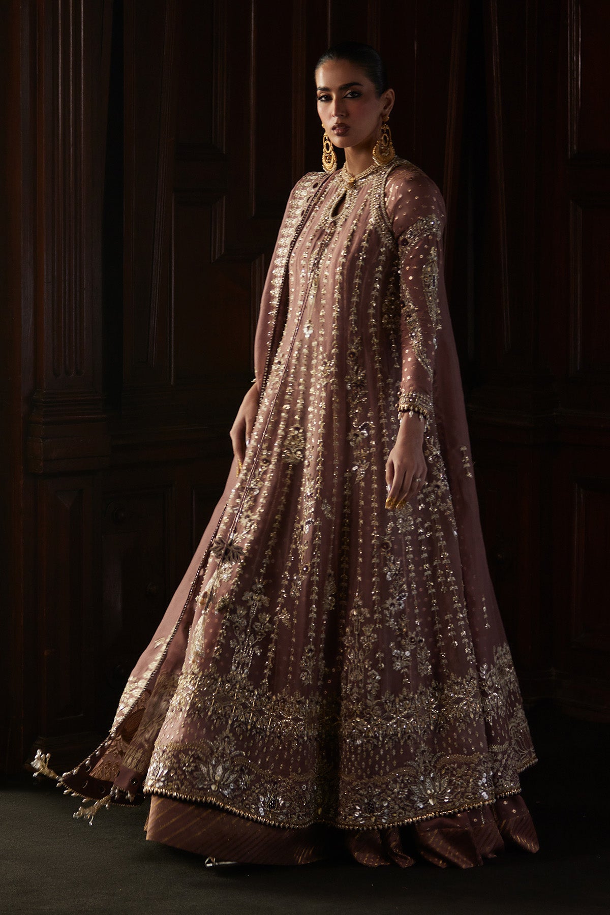 Saad Bin Shahzad Rosalie – rosewood hand-embellished organza kalidar with raw silk sharara from El Veneto Luxury For – view 4