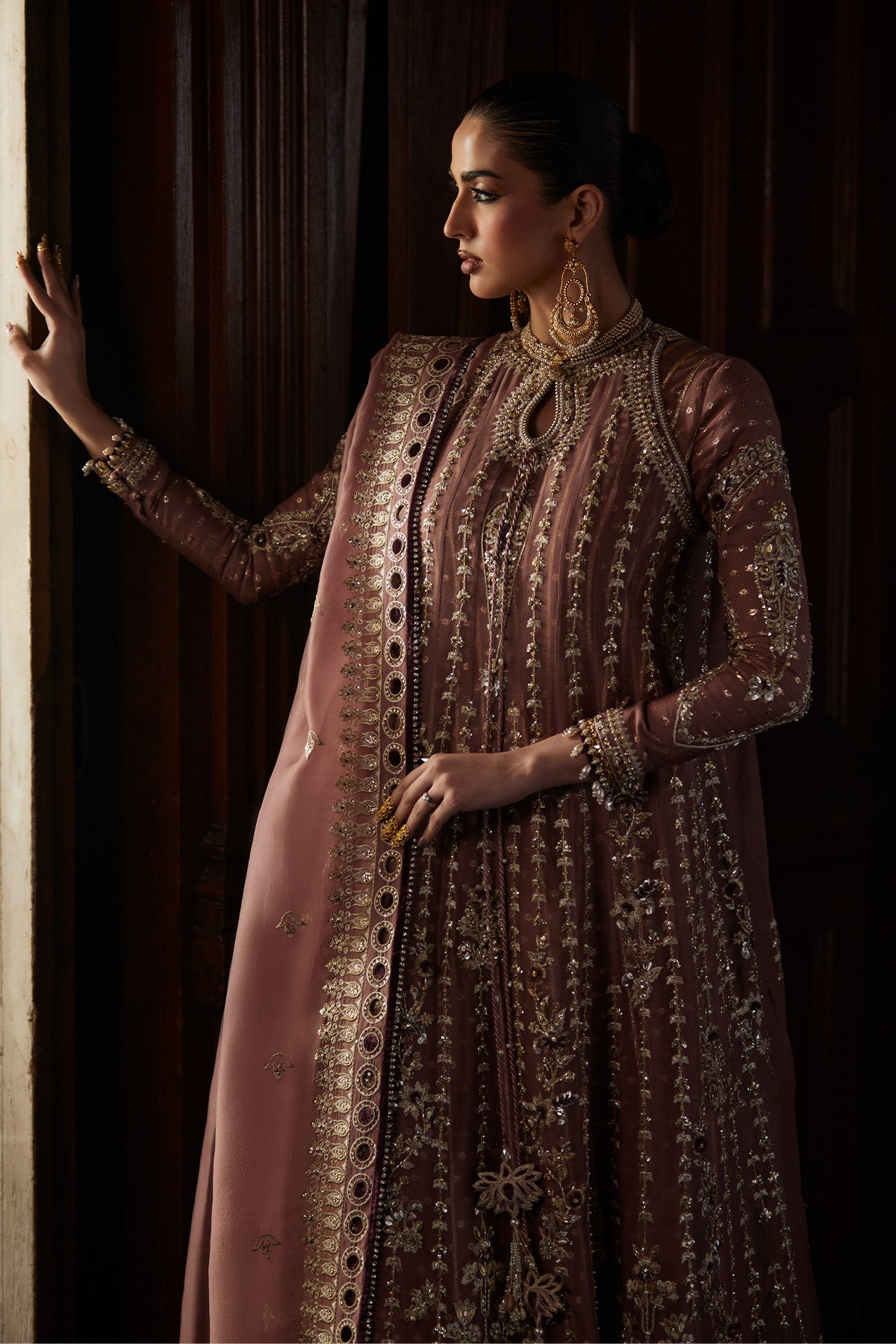 Saad Bin Shahzad Rosalie – rosewood hand-embellished organza kalidar with raw silk sharara from El Veneto Luxury For – view 5