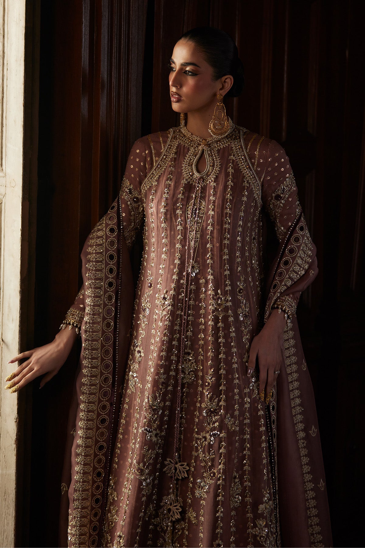 Saad Bin Shahzad Rosalie – rosewood hand-embellished organza kalidar with raw silk sharara from El Veneto Luxury For – view 3