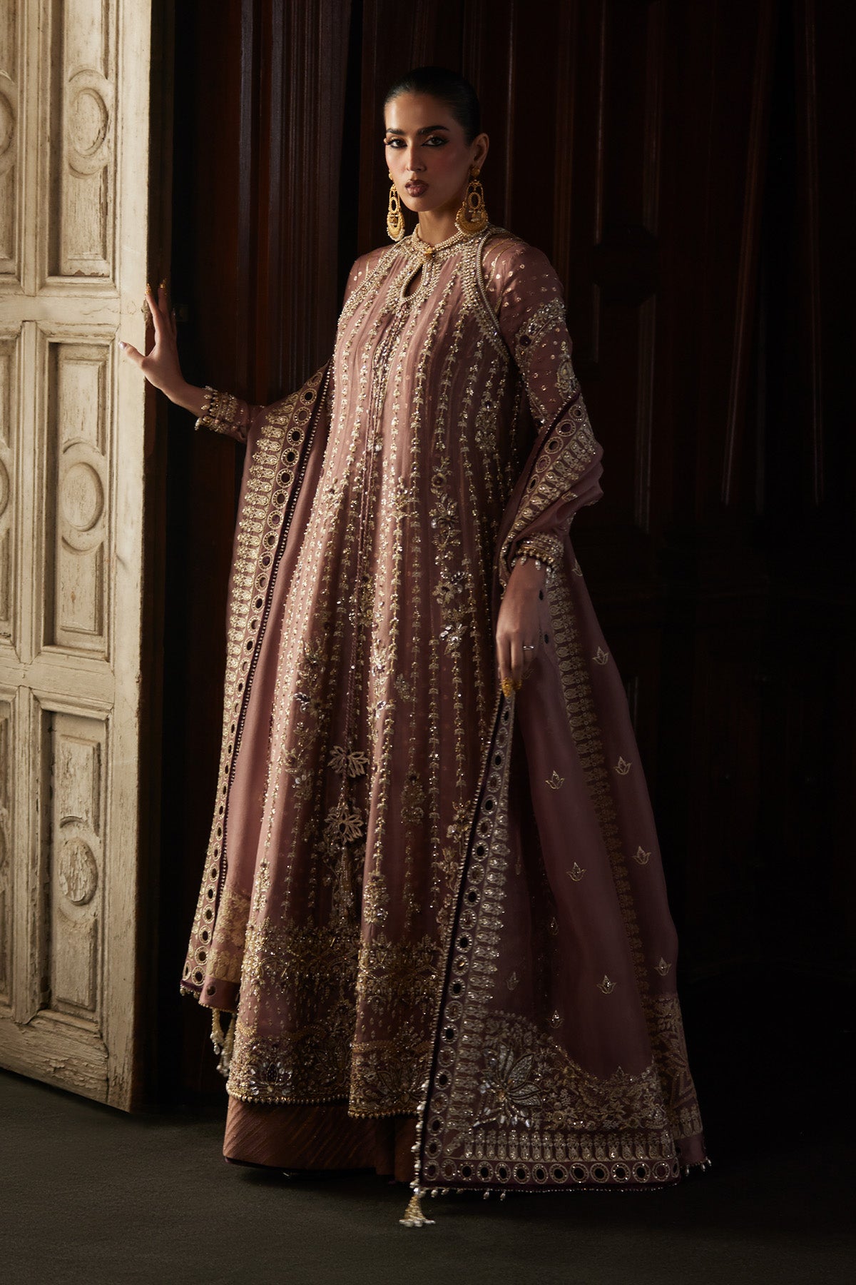 Saad Bin Shahzad Rosalie – rosewood hand-embellished organza kalidar with raw silk sharara from El Veneto Luxury For – view 6