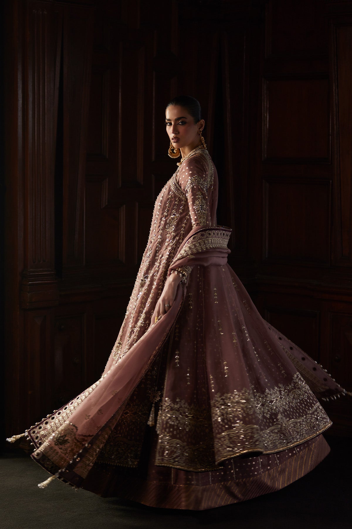 Saad Bin Shahzad Rosalie – rosewood hand-embellished organza kalidar with raw silk sharara from El Veneto Luxury For – view 7