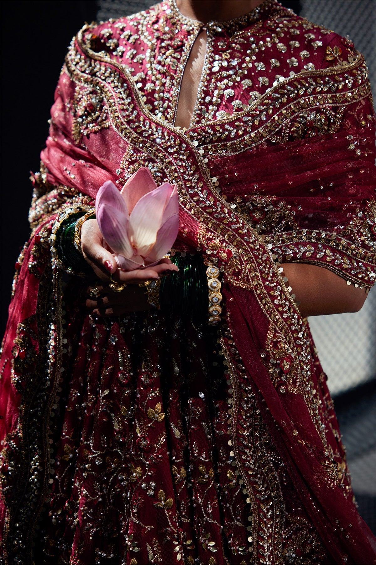 Saad Bin Shahzad Lamia – crimson embroidered pishwas with bottle green jamawar lehenga from Chandni Bridal'26 – view 4