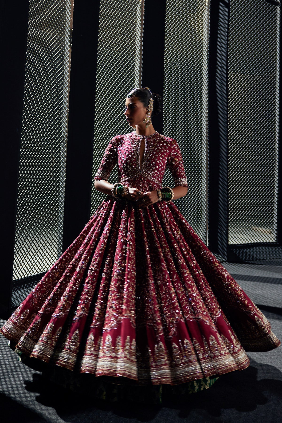 Saad Bin Shahzad Lamia – crimson embroidered pishwas with bottle green jamawar lehenga from Chandni Bridal'26 – view 2