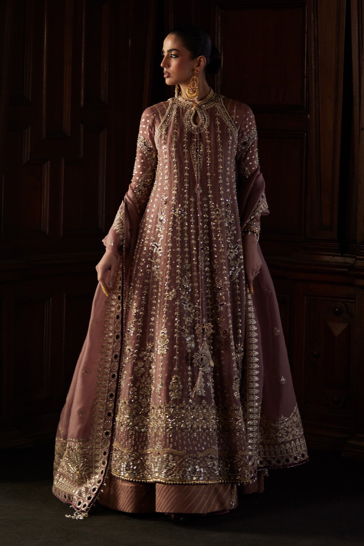 Saad Bin Shahzad Rosalie – rosewood hand-embellished organza kalidar with raw silk sharara from El Veneto Luxury For – view 8