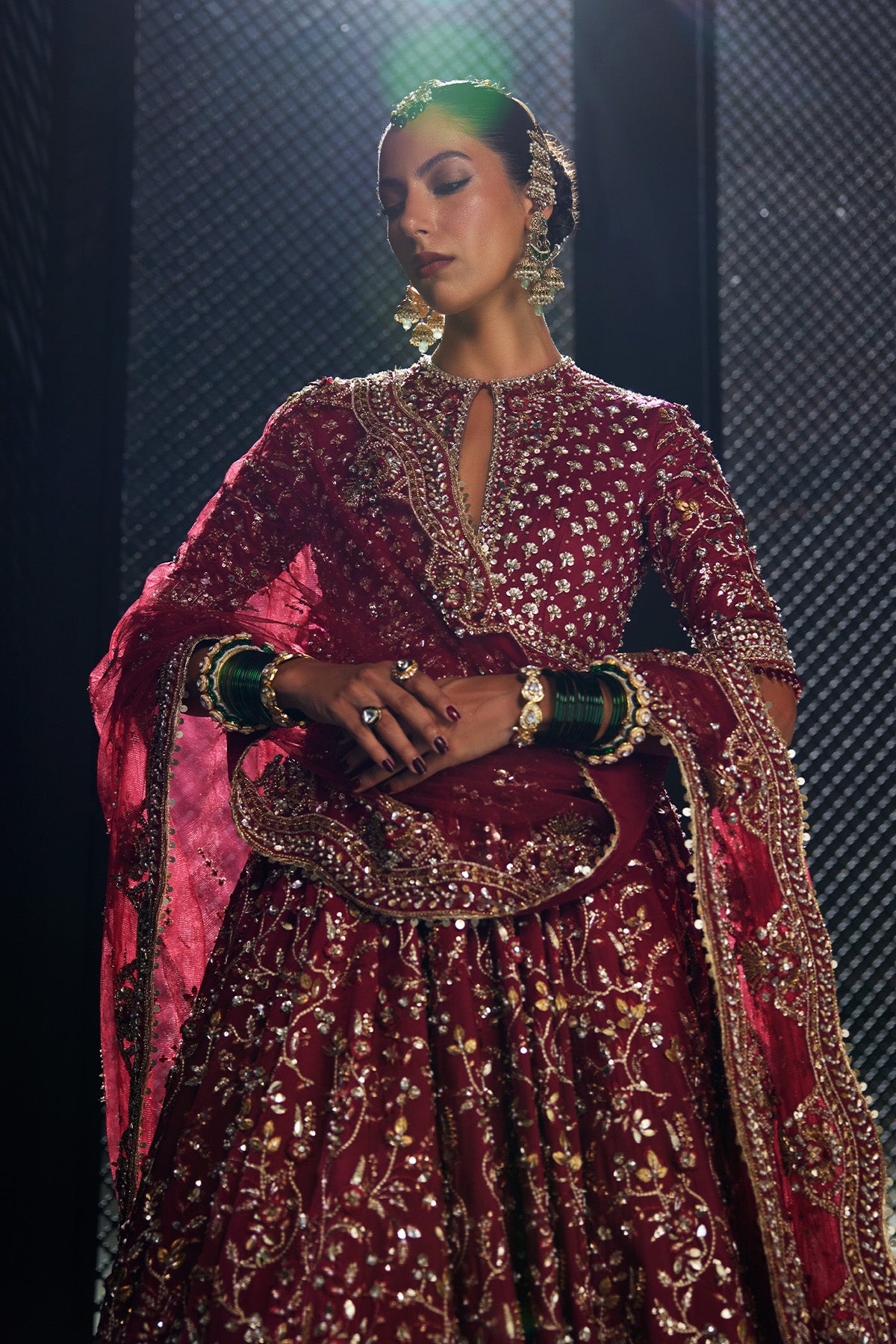 Saad Bin Shahzad Lamia – crimson embroidered pishwas with bottle green jamawar lehenga from Chandni Bridal'26 – view 3