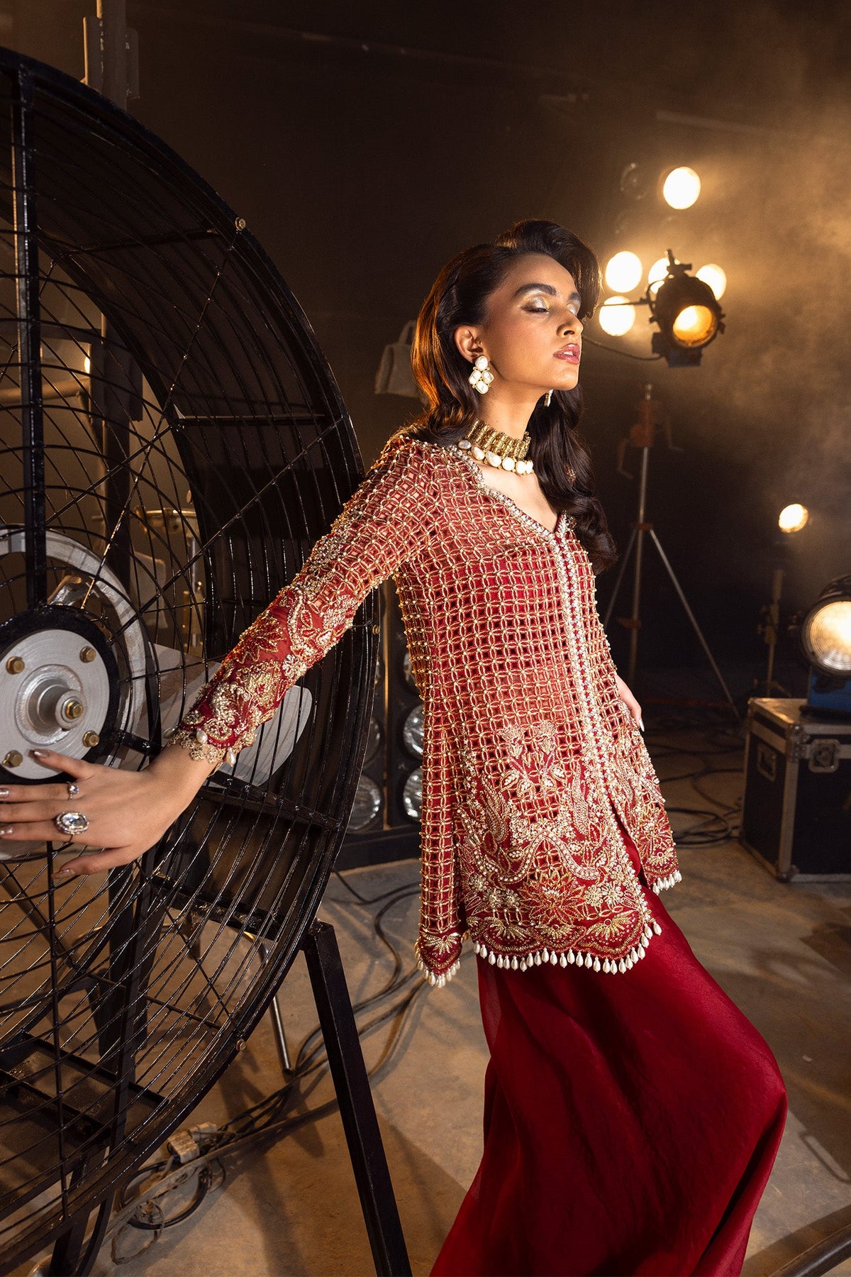 Saad Bin Shahzad Ruby – ruby red lattice work sharara suit from Lolita'24 – view 3