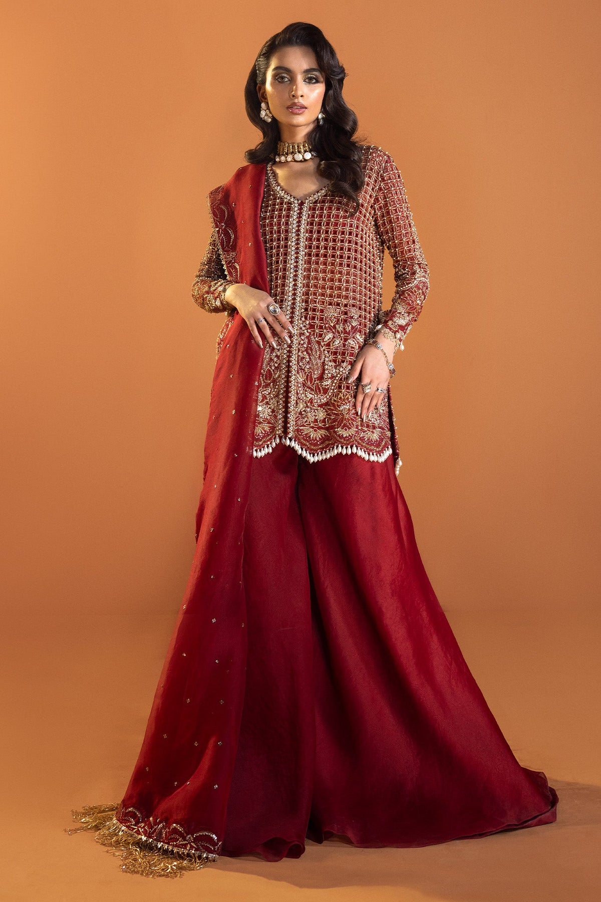 Saad Bin Shahzad Ruby – ruby red lattice work sharara suit from Lolita'24 – view 2