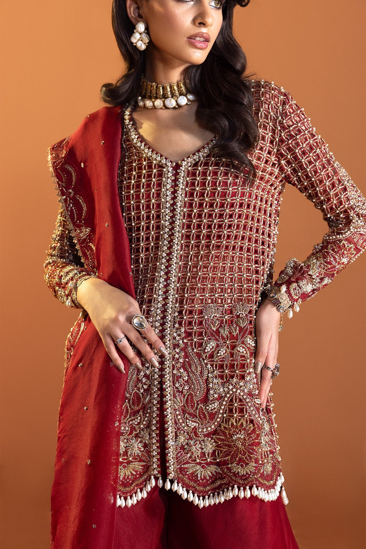 Saad Bin Shahzad Ruby – ruby red lattice work sharara suit from Lolita'24 – view 8