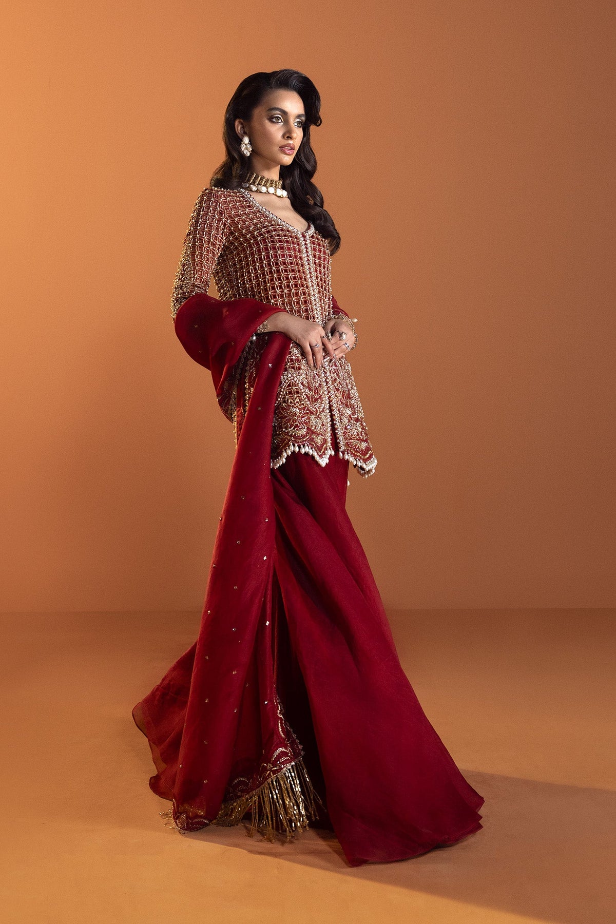 Saad Bin Shahzad Ruby – ruby red lattice work sharara suit from Lolita'24 – view 10