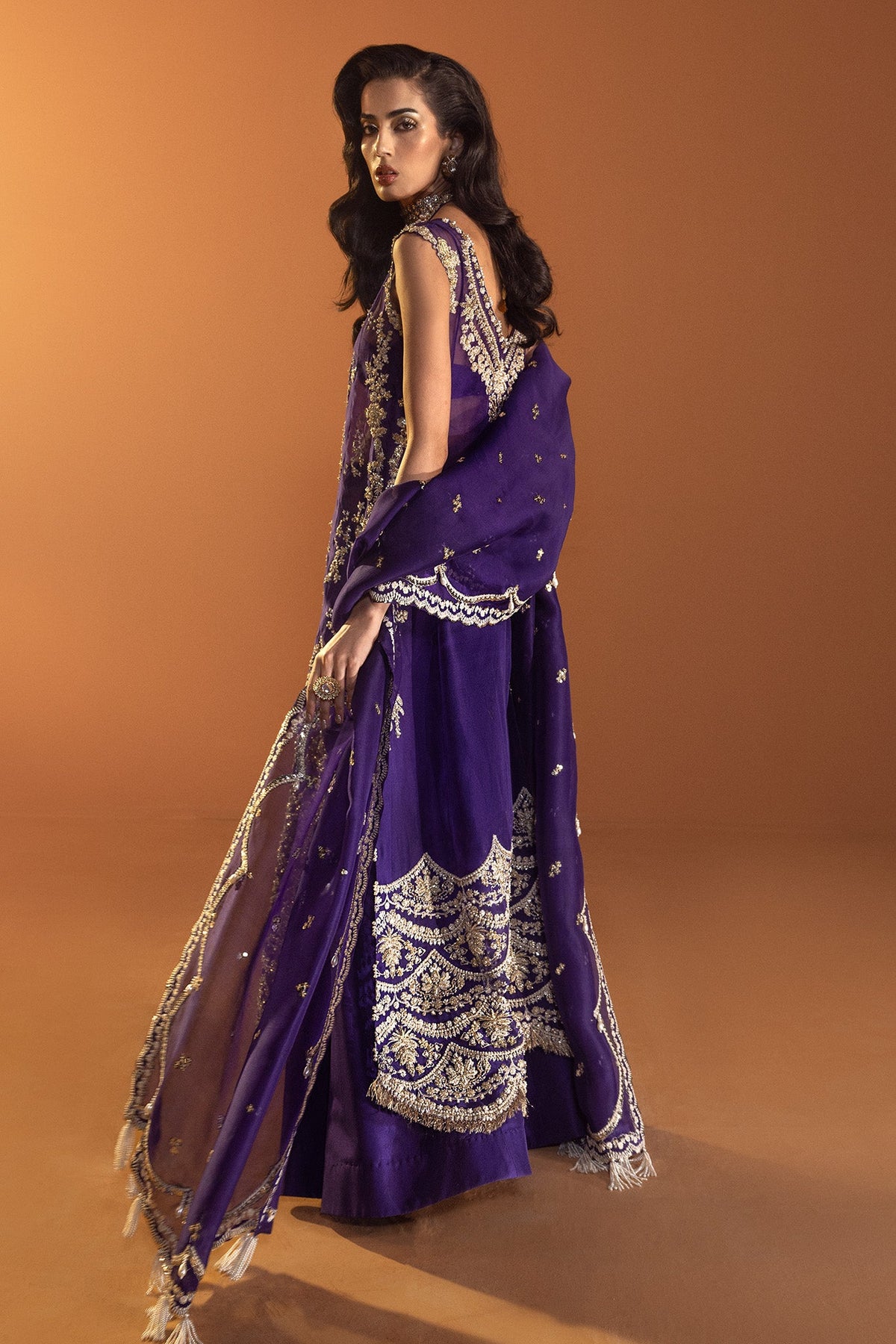 Saad Bin Shahzad Elare – royal purple embroidered long shirt with sharara from Lolita'24 – view 4
