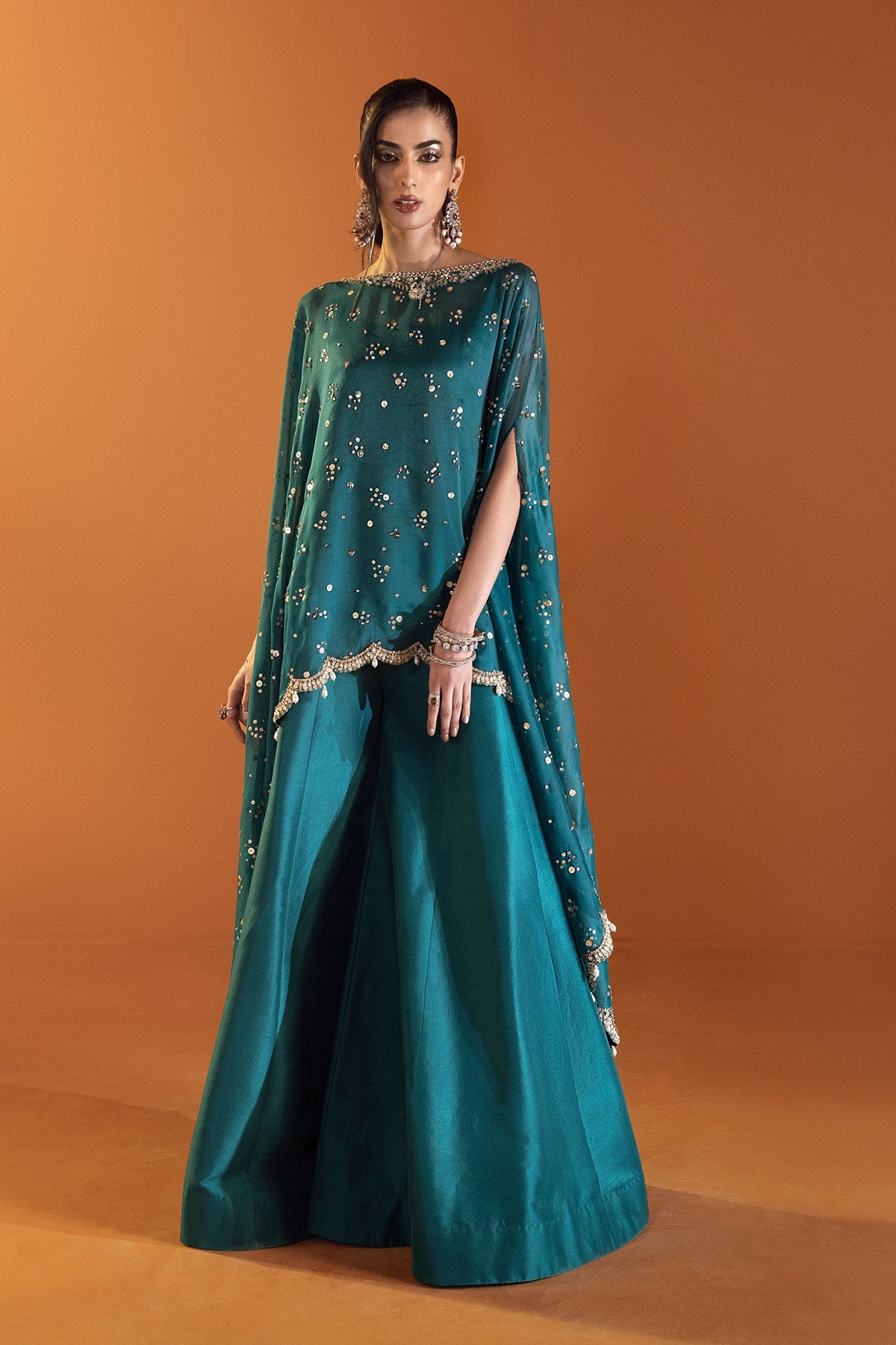 Saad Bin Shahzad Nina – teal sequinned cape with flared pants from Lolita'24 – view 3
