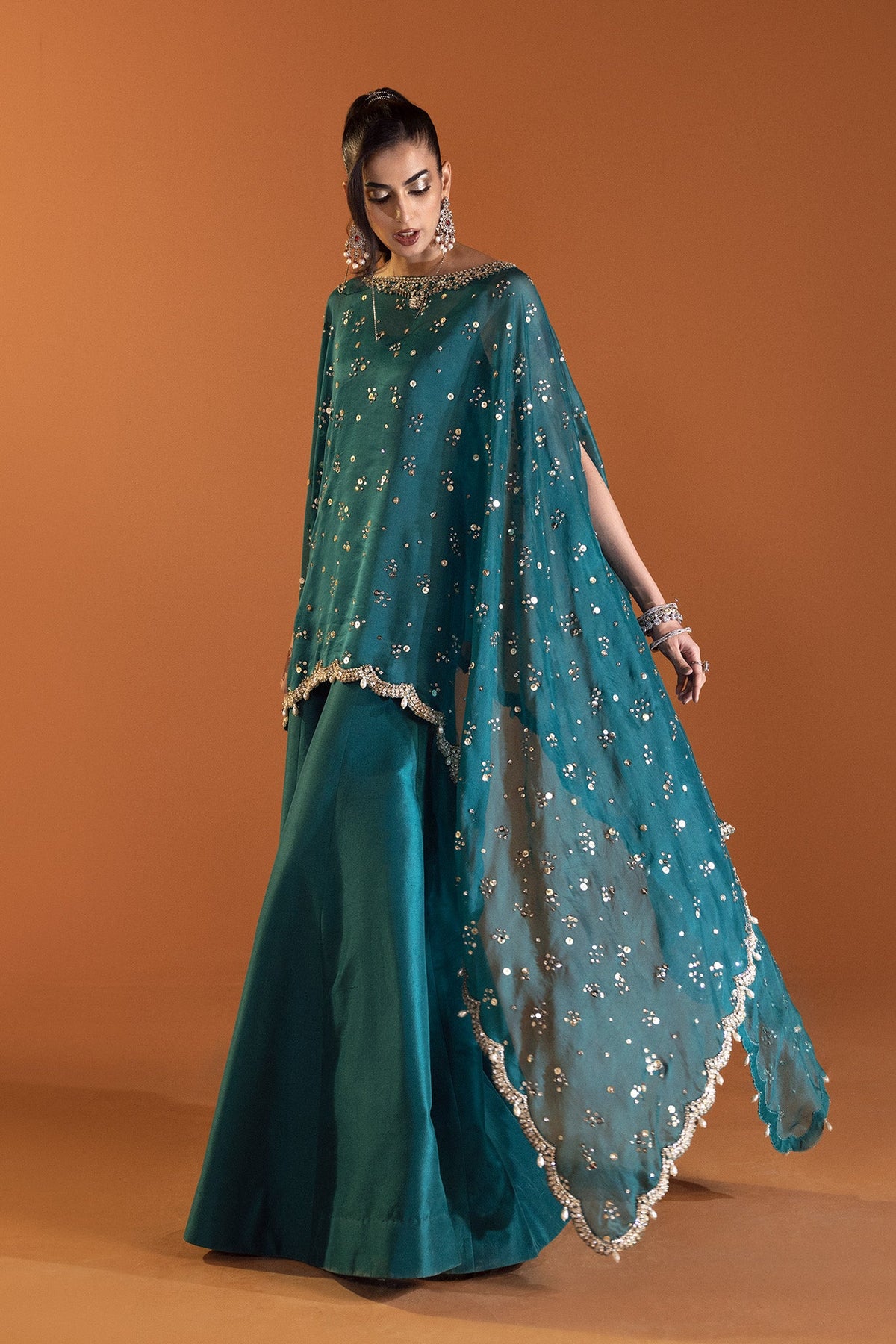 Saad Bin Shahzad Nina – teal sequinned cape with flared pants from Lolita'24 – view 5