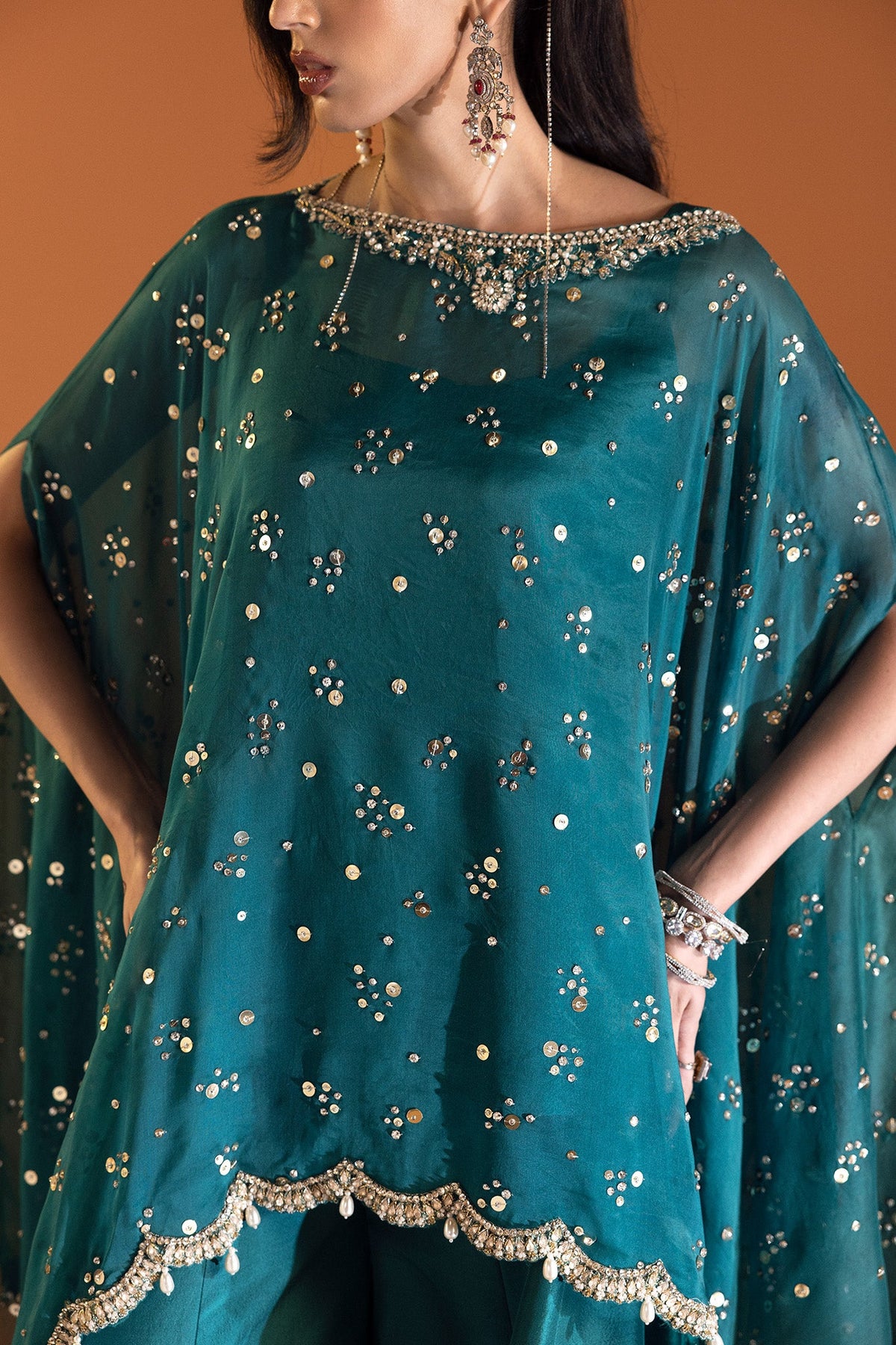 Saad Bin Shahzad Nina – teal sequinned cape with flared pants from Lolita'24 – view 6
