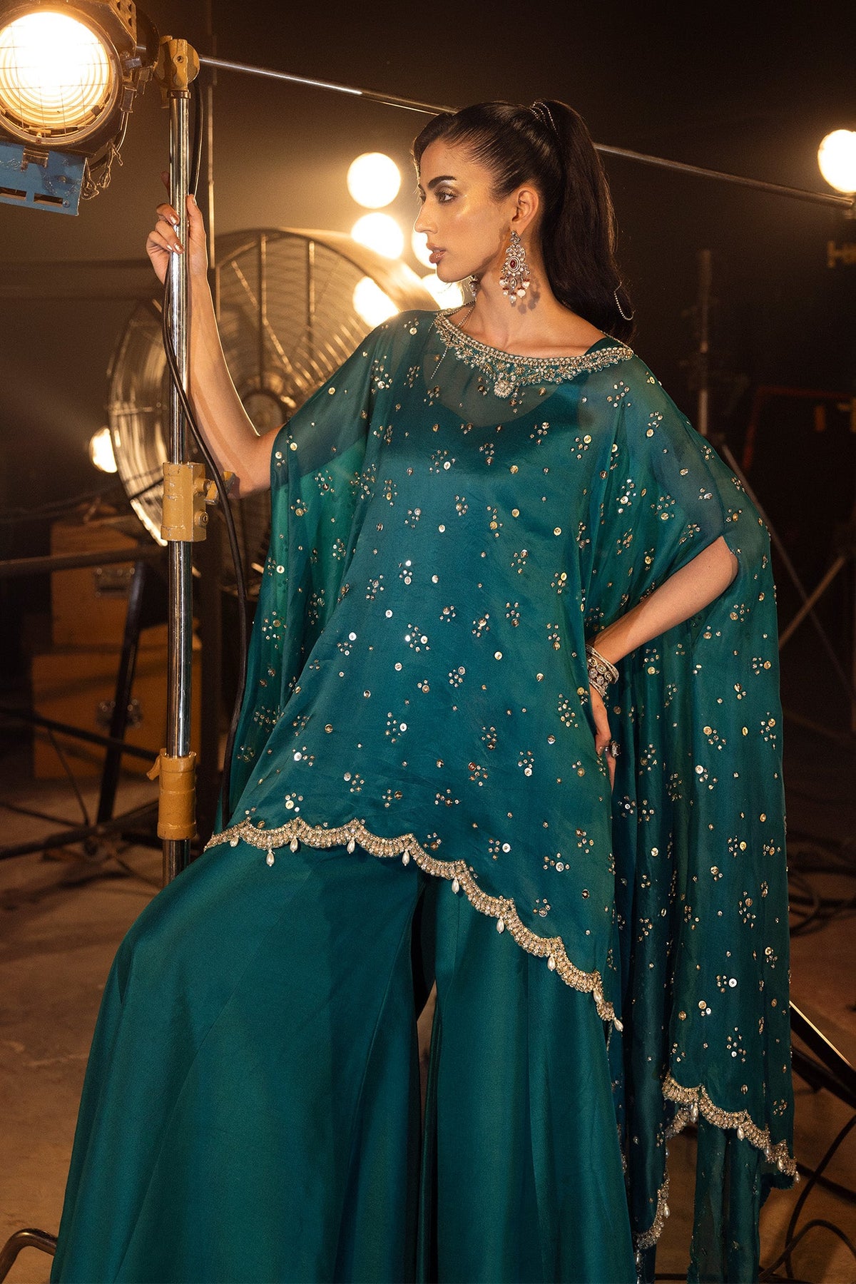 Saad Bin Shahzad Nina – teal sequinned cape with flared pants from Lolita'24 – view 7