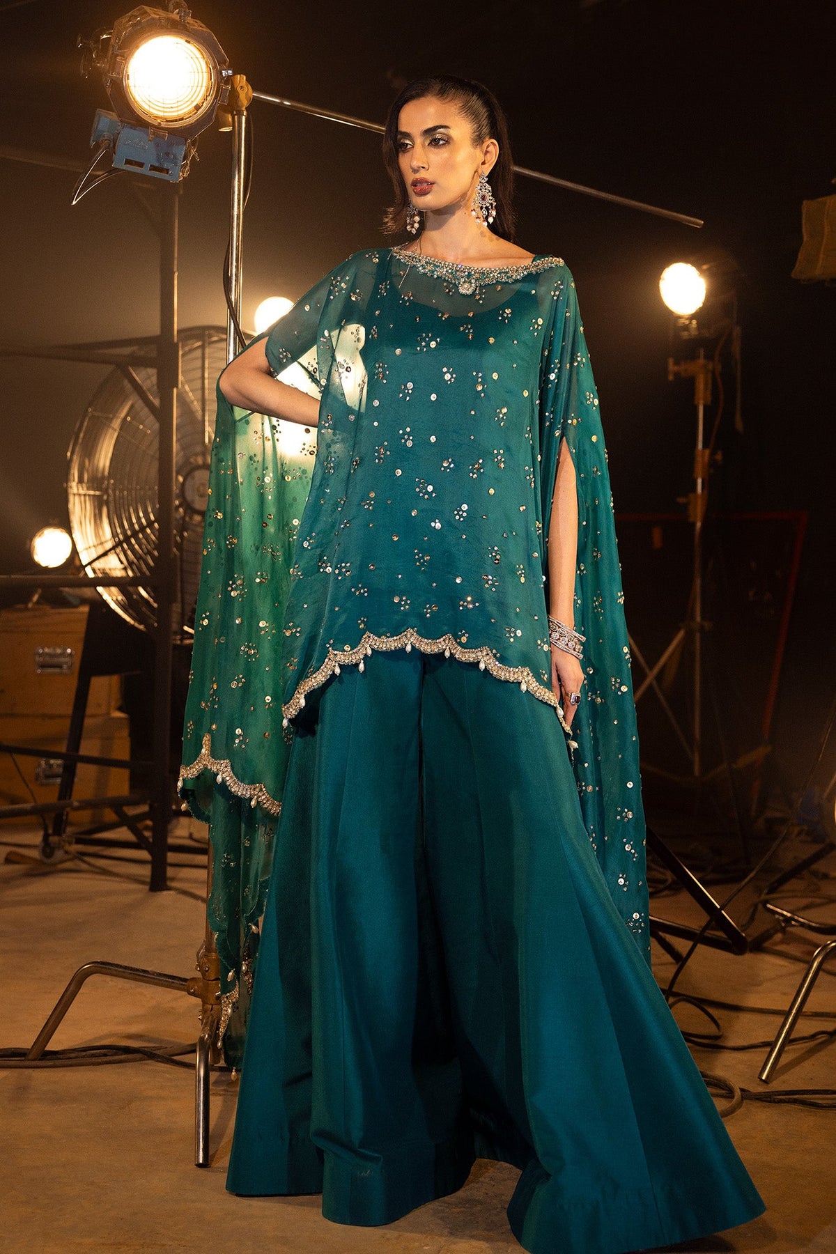 Saad Bin Shahzad Nina – teal sequinned cape with flared pants from Lolita'24