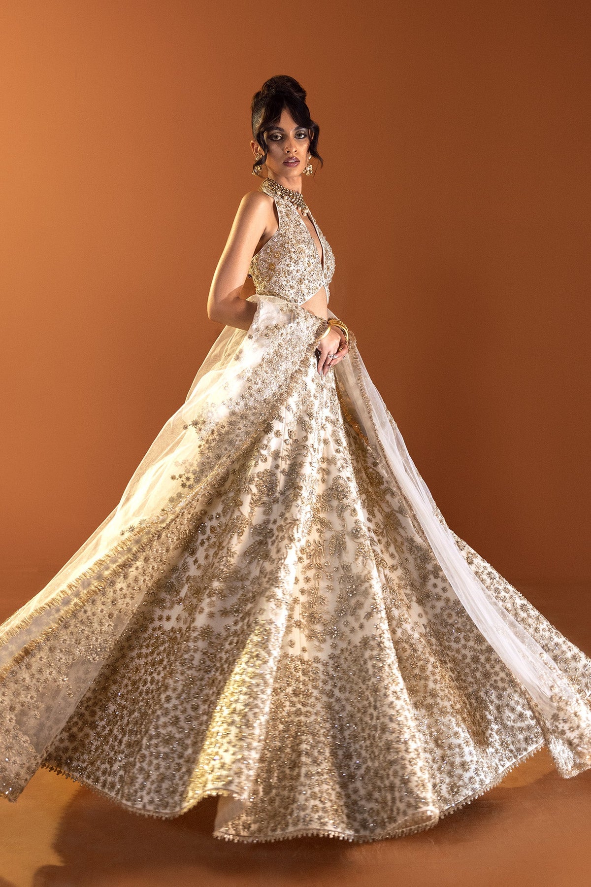 Saad Bin Shahzad Coco – ivory gold embroidered halter lehenga from Lolita'24 – view 2