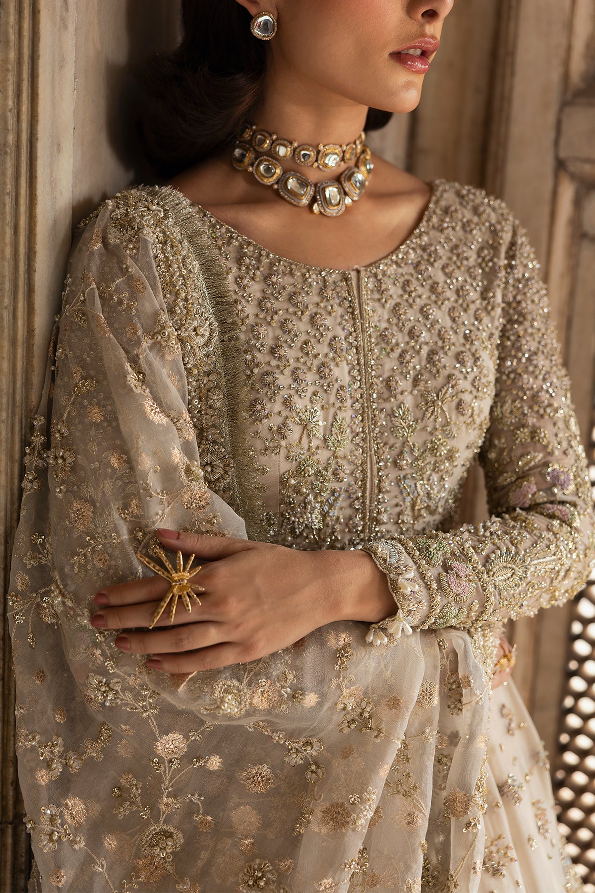 Saad Bin Shahzad Zaura – off-white zardozi kalidar with farshi lehenga from Sona Gachi Bridals'24 – view 4