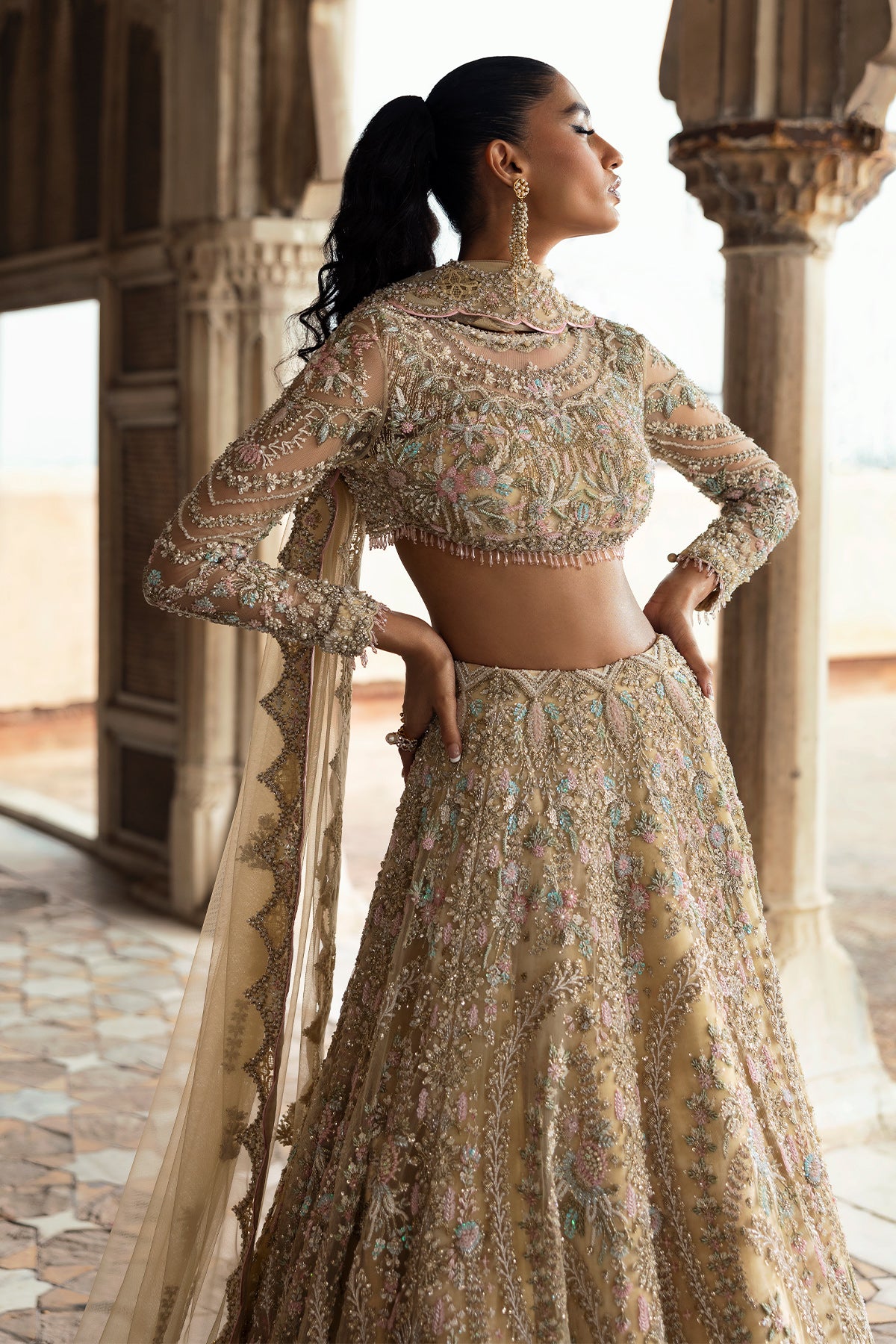 Saad Bin Shahzad Deeba – light yellow embroidered lehenga choli from Sona Gachi Bridals'24 – view 5