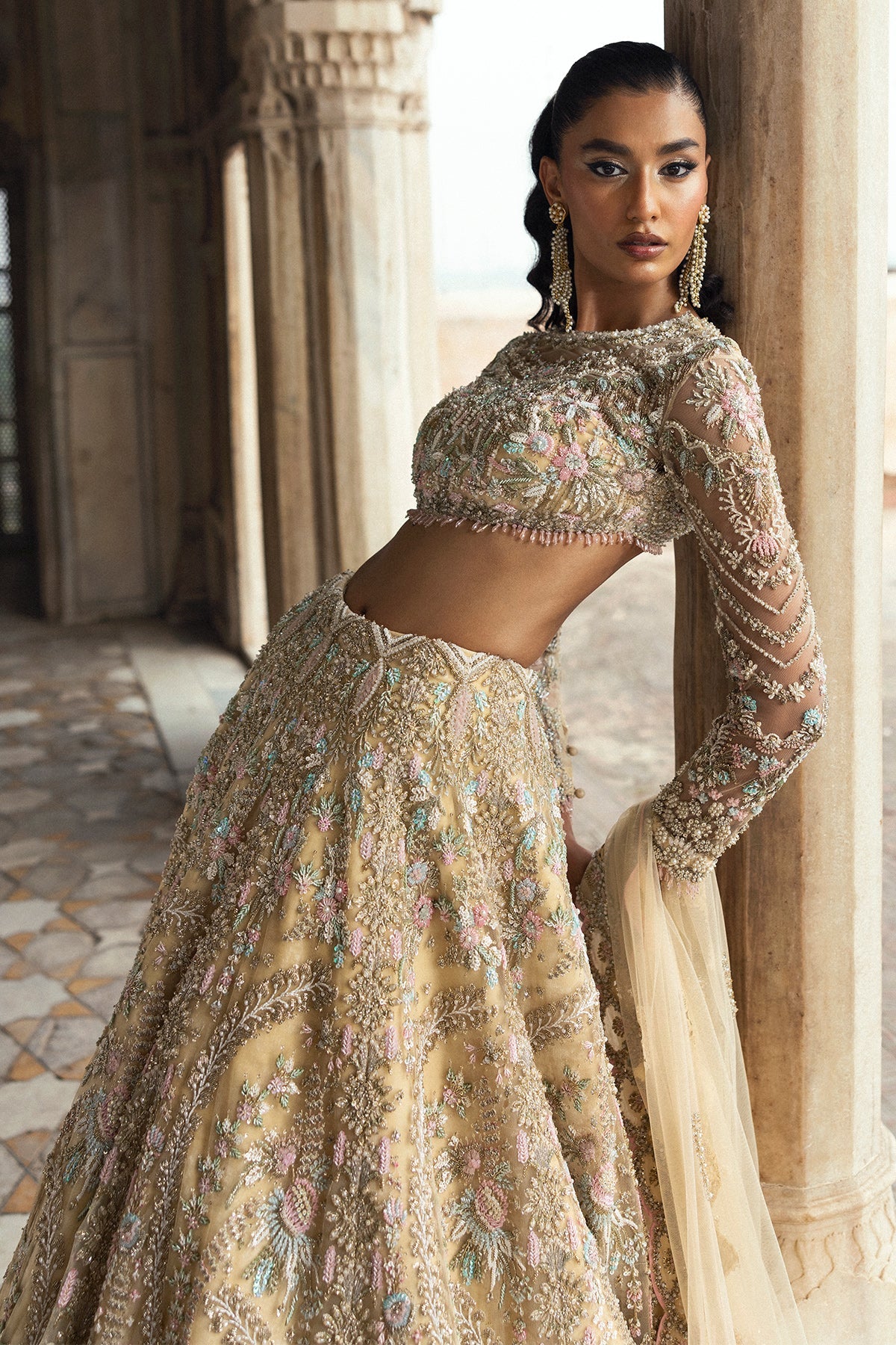 Saad Bin Shahzad Deeba – light yellow embroidered lehenga choli from Sona Gachi Bridals'24 – view 6