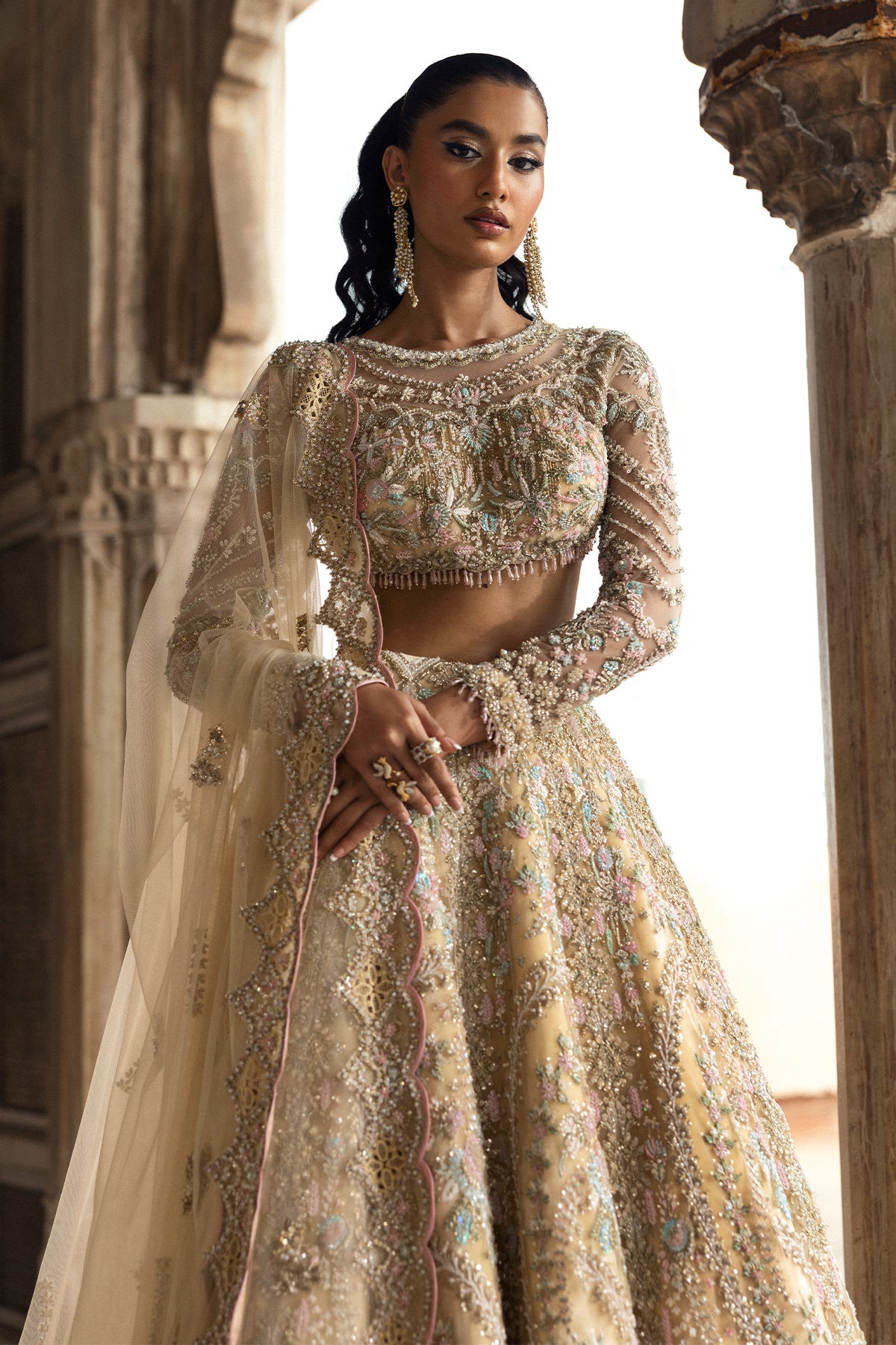 Saad Bin Shahzad Deeba – light yellow embroidered lehenga choli from Sona Gachi Bridals'24 – view 10