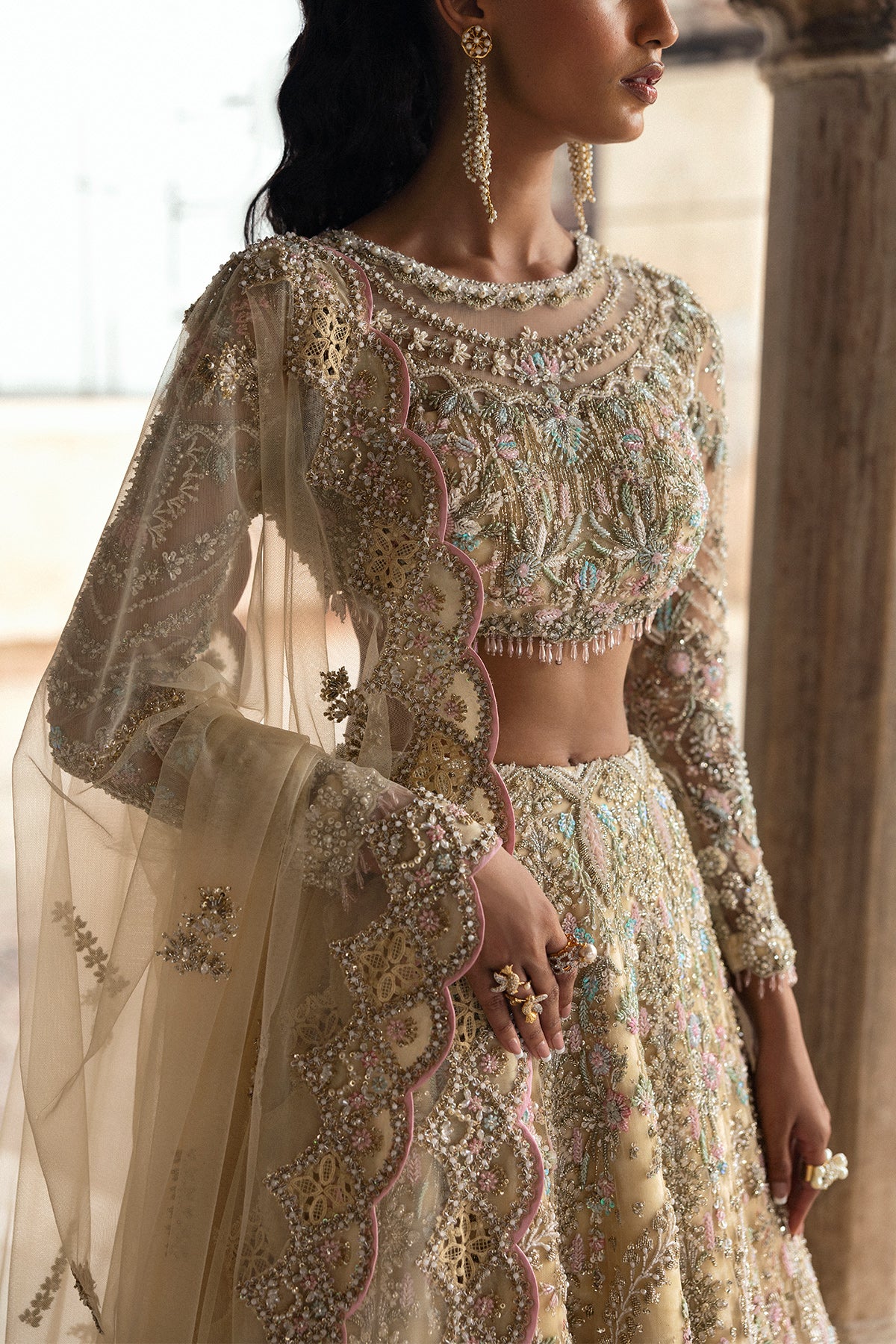 Saad Bin Shahzad Deeba – light yellow embroidered lehenga choli from Sona Gachi Bridals'24 – view 3